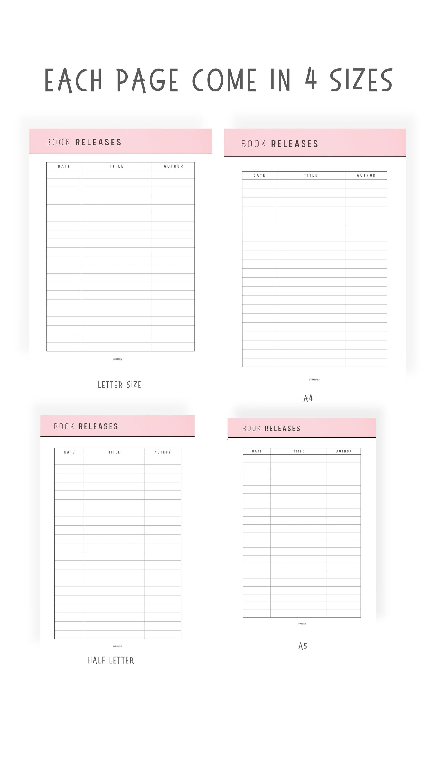 A4, A5, Letter, Half Letter Upcoming Book Releases Template Printable