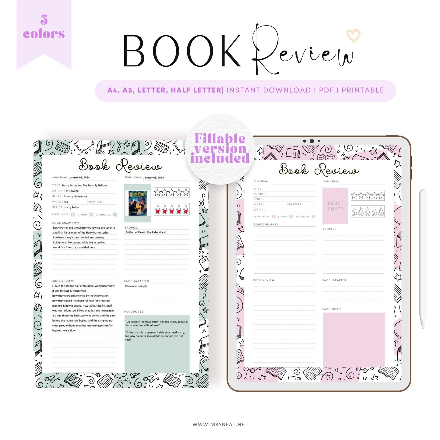 Book Review Template Printable, Book Review Planner, Printable Planner, A4, A5, Letter, Half Letter, 5 Colors, Digital Planner