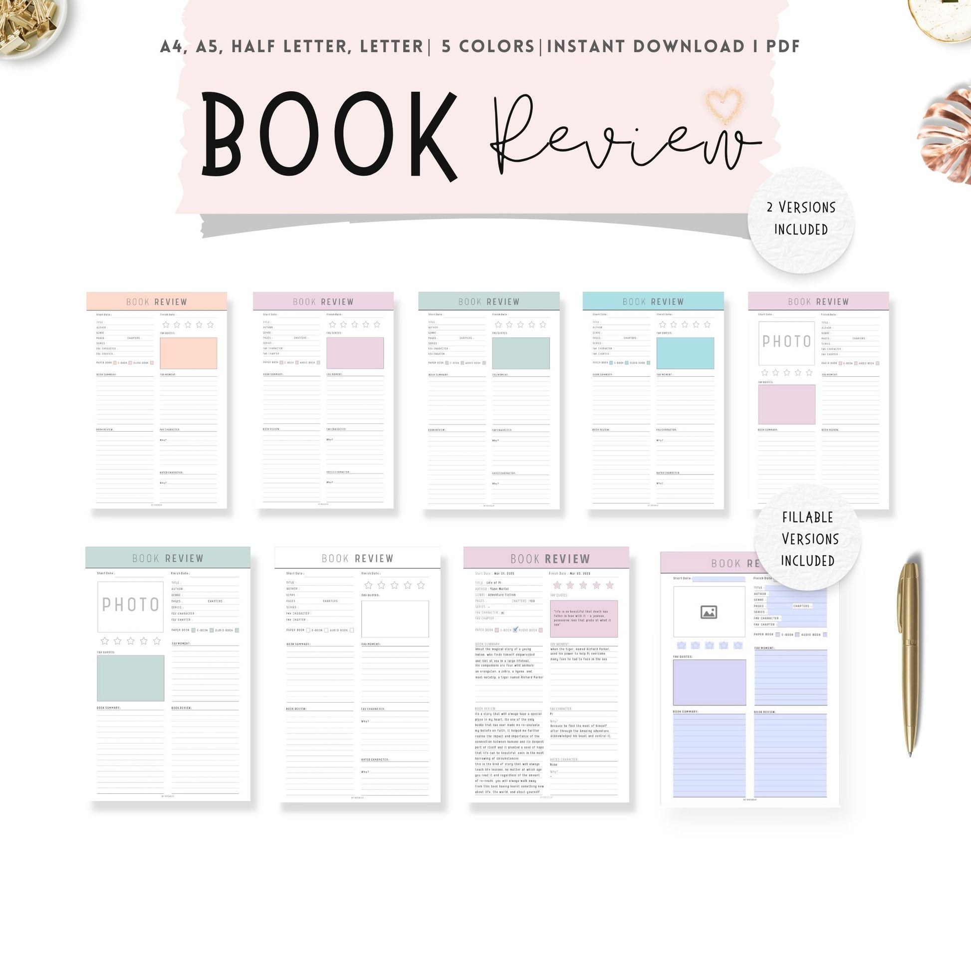 Book Review Template Printable, A4, A5, Letter, Half Letter, Blue, Green, Peach, Pink, White, 2 versions, Fillable PDF, Printable inserts