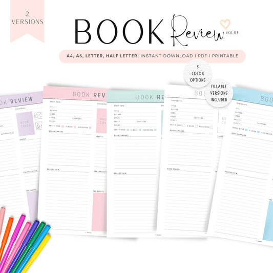 Book Review Template Printable, A4, A5, Letter, Half Letter, 2 versions, 5 colors, fillable version included