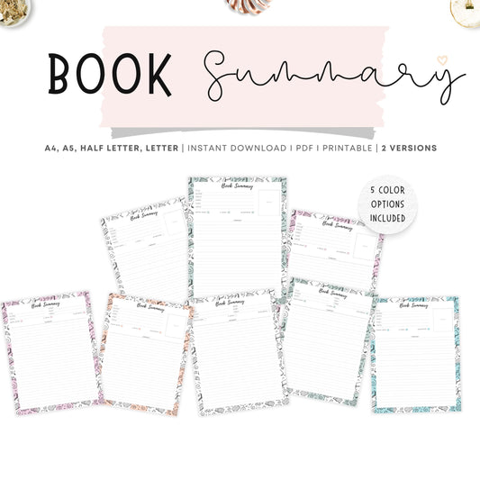 Book Summary Template Printable, 2 versions, 5 Colors, A4, A5, Letter, Half Letter, Digital Planner