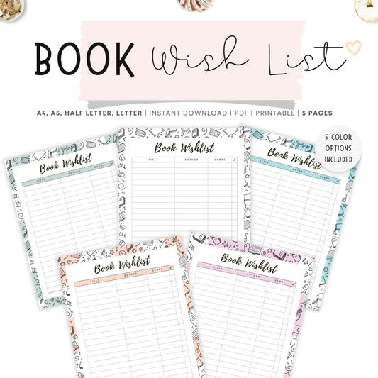 Colorful Book Wishlist Template Printable, 5 colors : Peach, Green, Blue, Pink and Neutral, A4, A5, Letter, Half Letter, Digital Planner