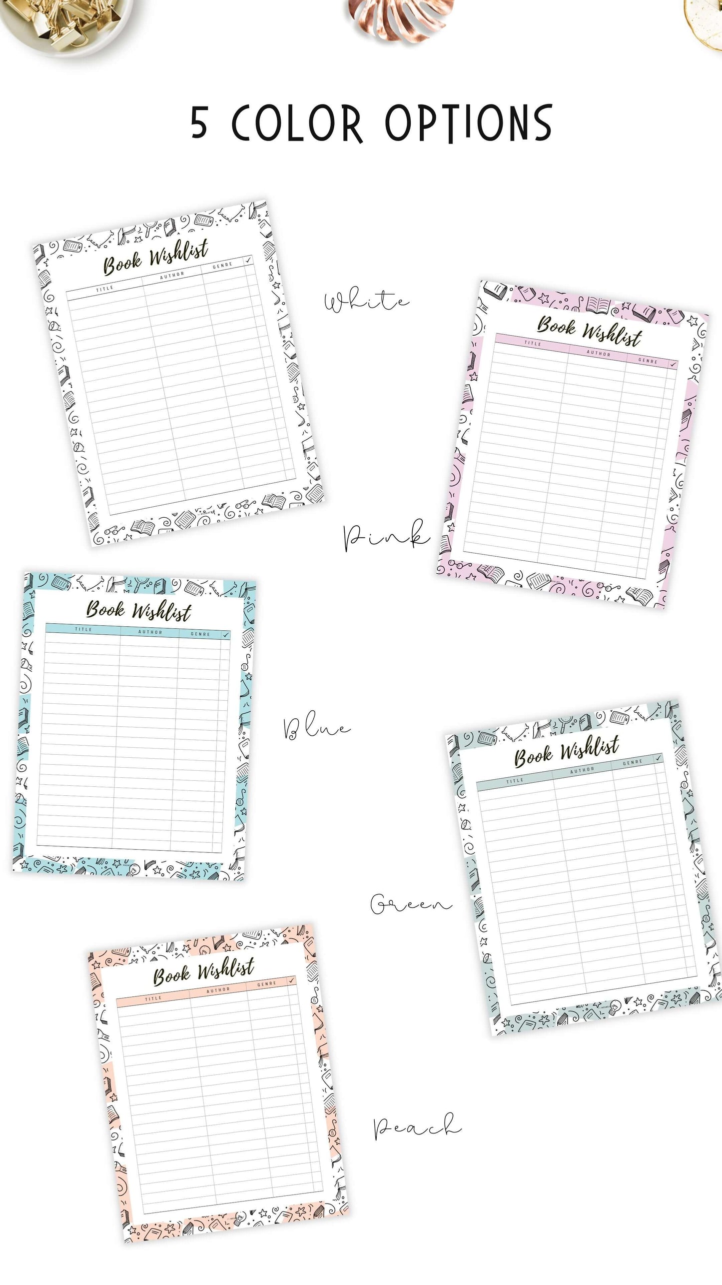 Colorful Book Wishlist Template Printable, 5 colors : Peach, Green, Blue, Pink and Neutral, A4, A5, Letter, Half Letter, Digital Planner