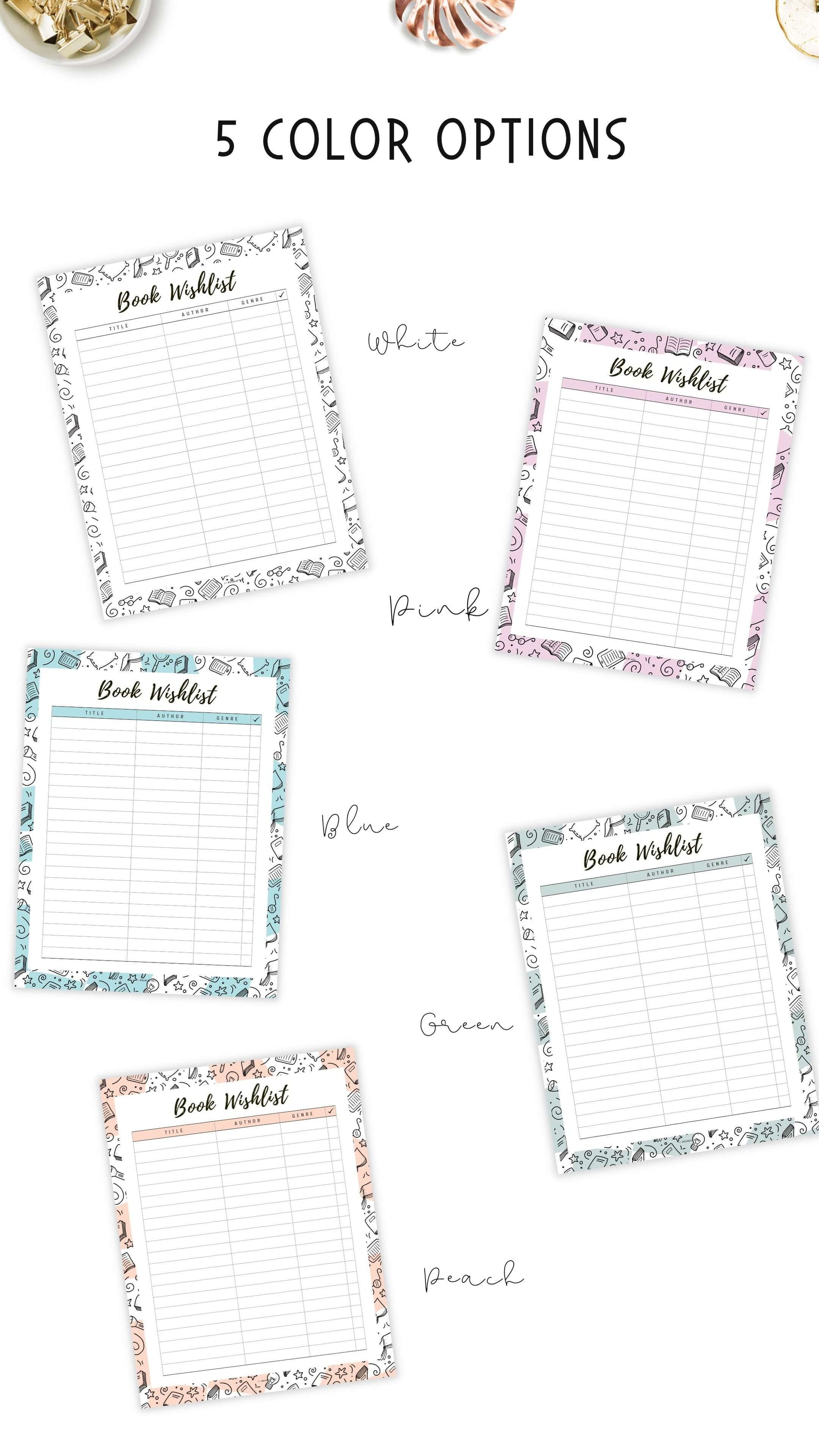 Colorful Book Wishlist Template Printable, 5 colors : Peach, Green, Blue, Pink and Neutral, A4, A5, Letter, Half Letter, Digital Planner
