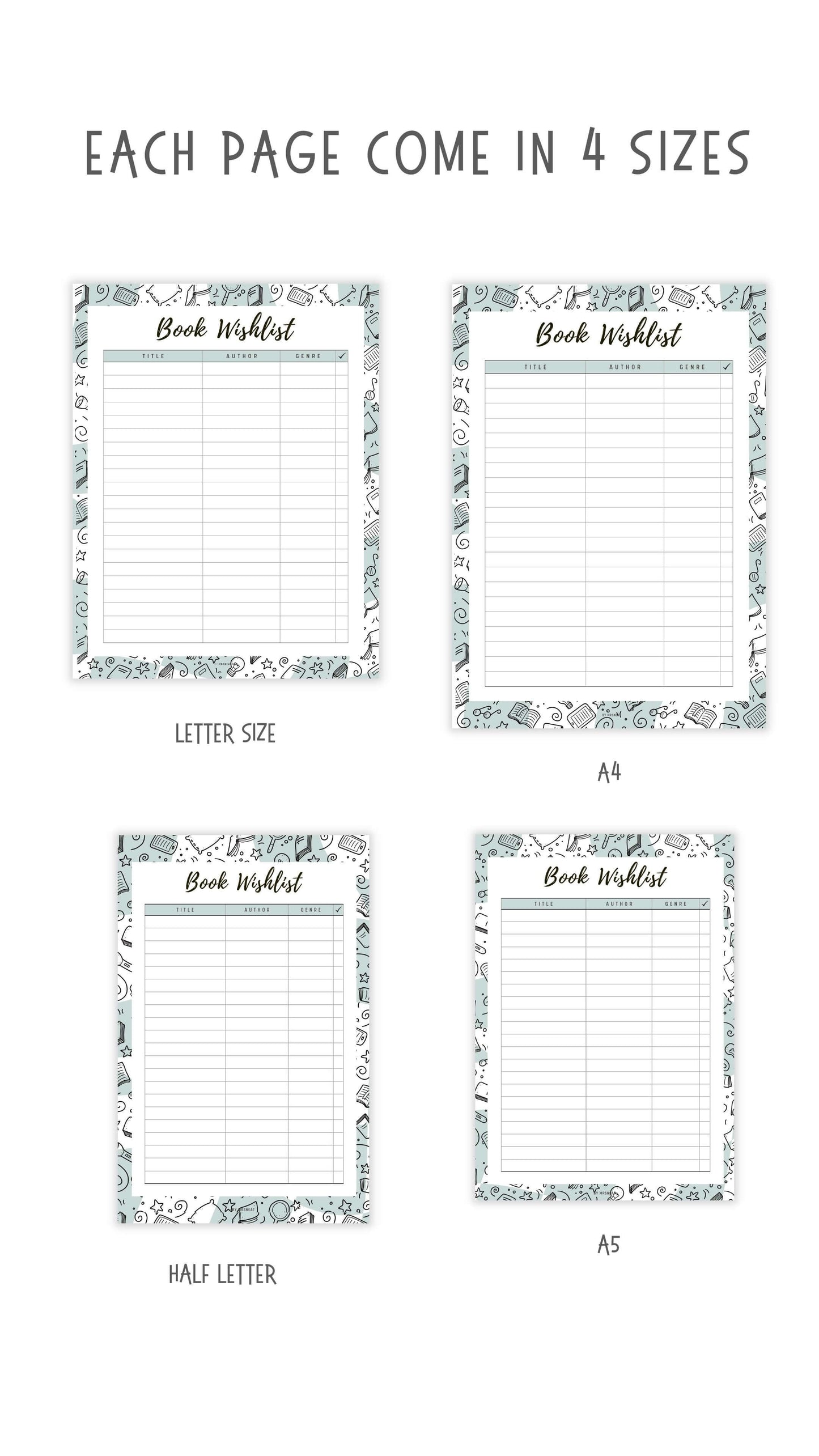 Colorful Book Wishlist Template Printable, 5 colors : Peach, Green, Blue, Pink and Neutral, A4, A5, Letter, Half Letter, Digital Planner