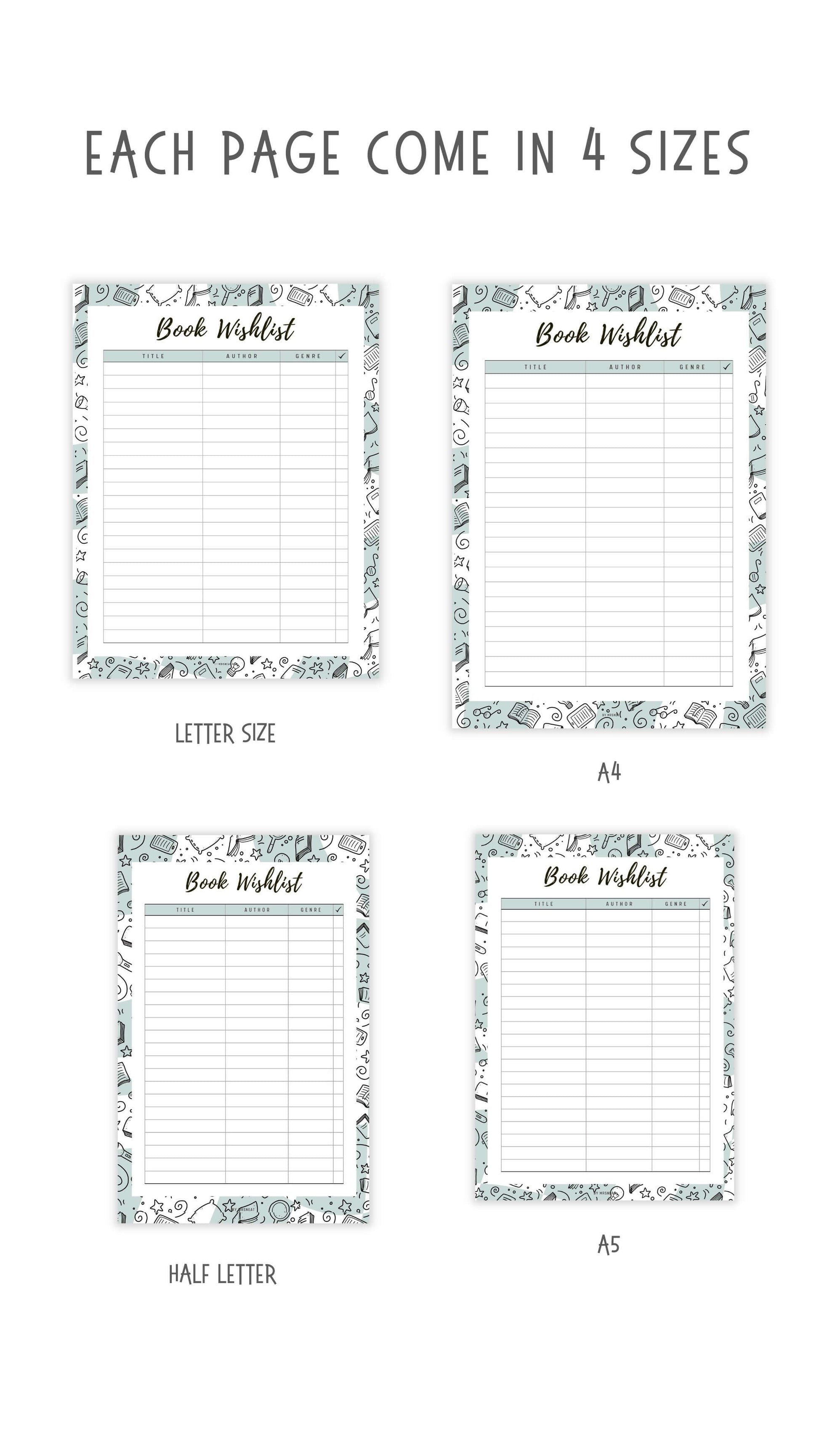 Colorful Book Wishlist Template Printable, 5 colors : Peach, Green, Blue, Pink and Neutral, A4, A5, Letter, Half Letter, Digital Planner