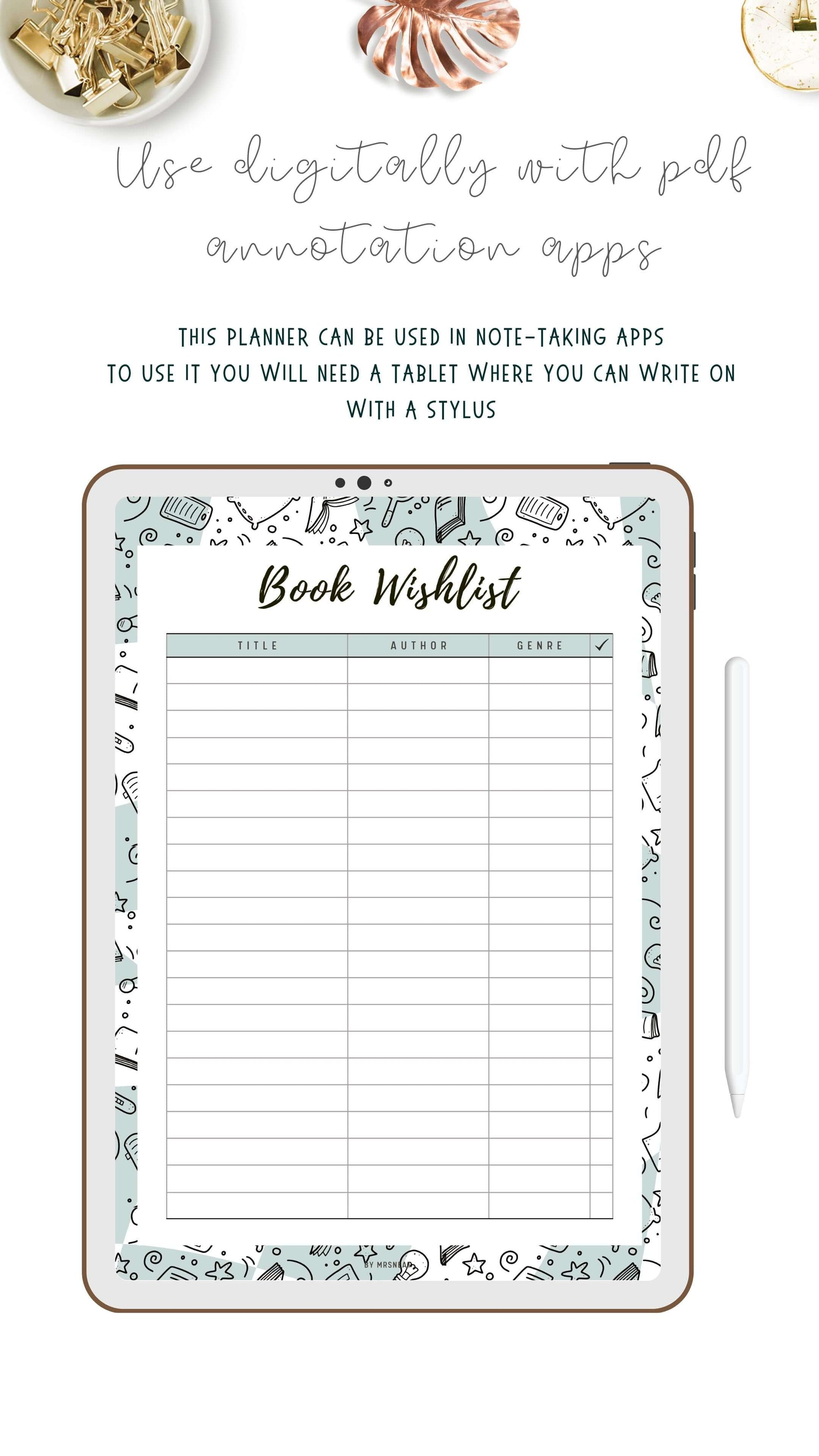 Colorful Book Wishlist Template Printable, 5 colors : Peach, Green, Blue, Pink and Neutral, A4, A5, Letter, Half Letter, Digital Planner