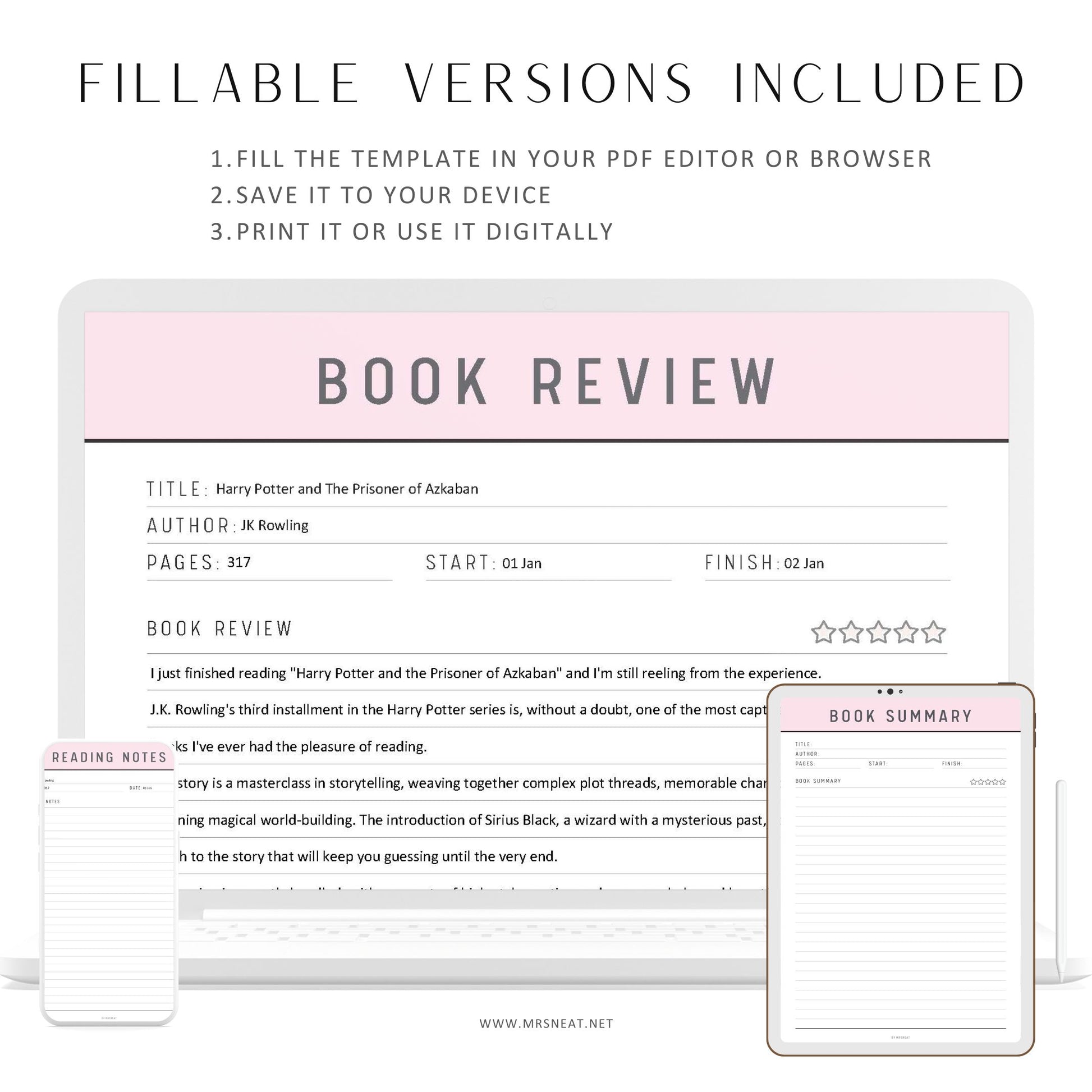 Fillable Book Review Template, Book Summary Printable, Reading Notes Pages, Reading Journal Pages, Reading Planner, 7 colors, 3 pages, PDF