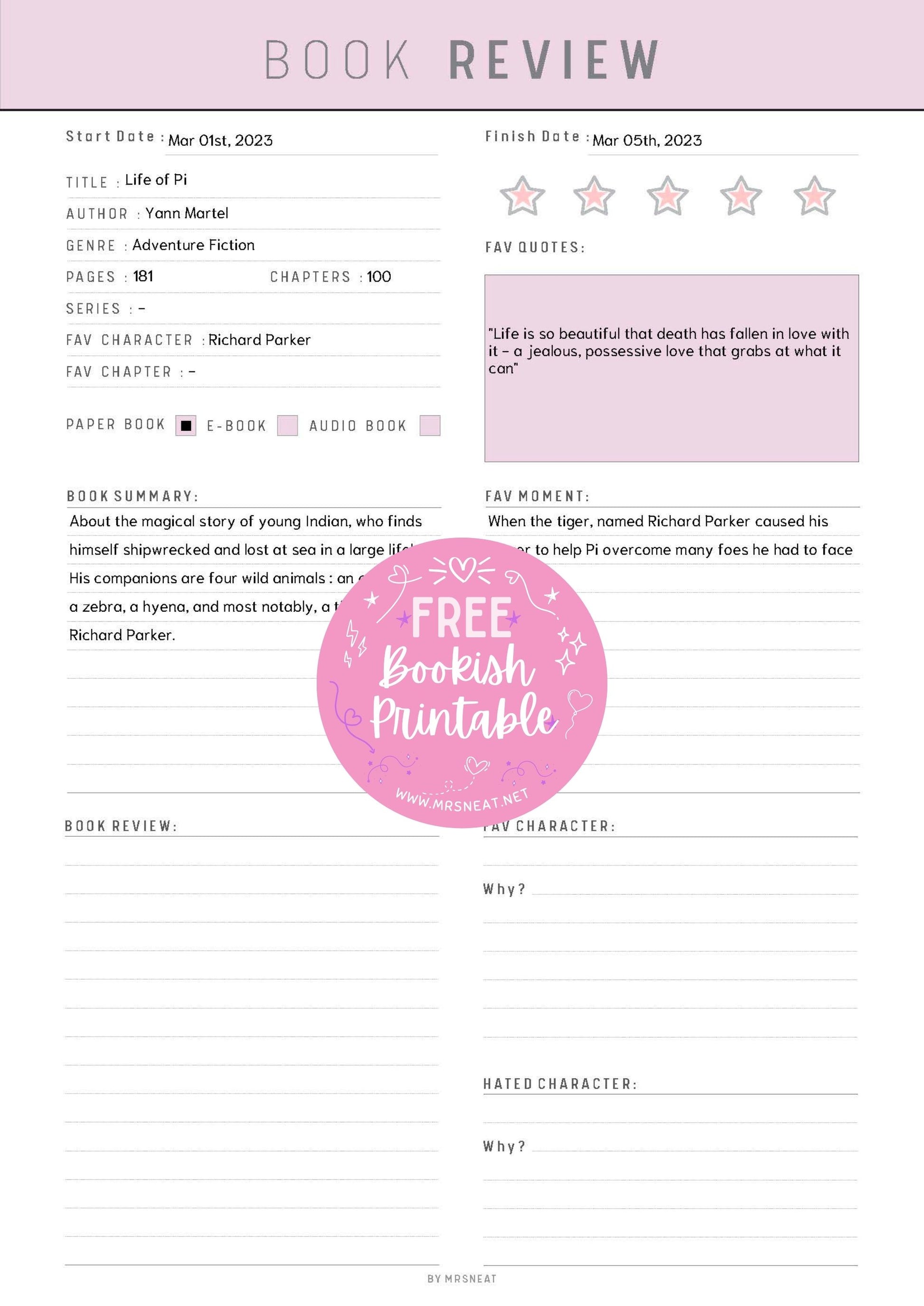 Free Cute Pink Purple Book Review Template Bookish Printable