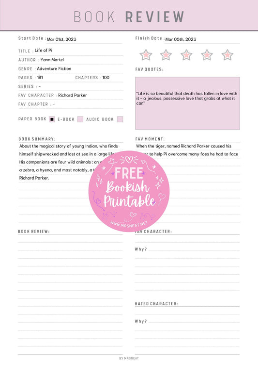 Free Cute Pink Purple Book Review Template Bookish Printable