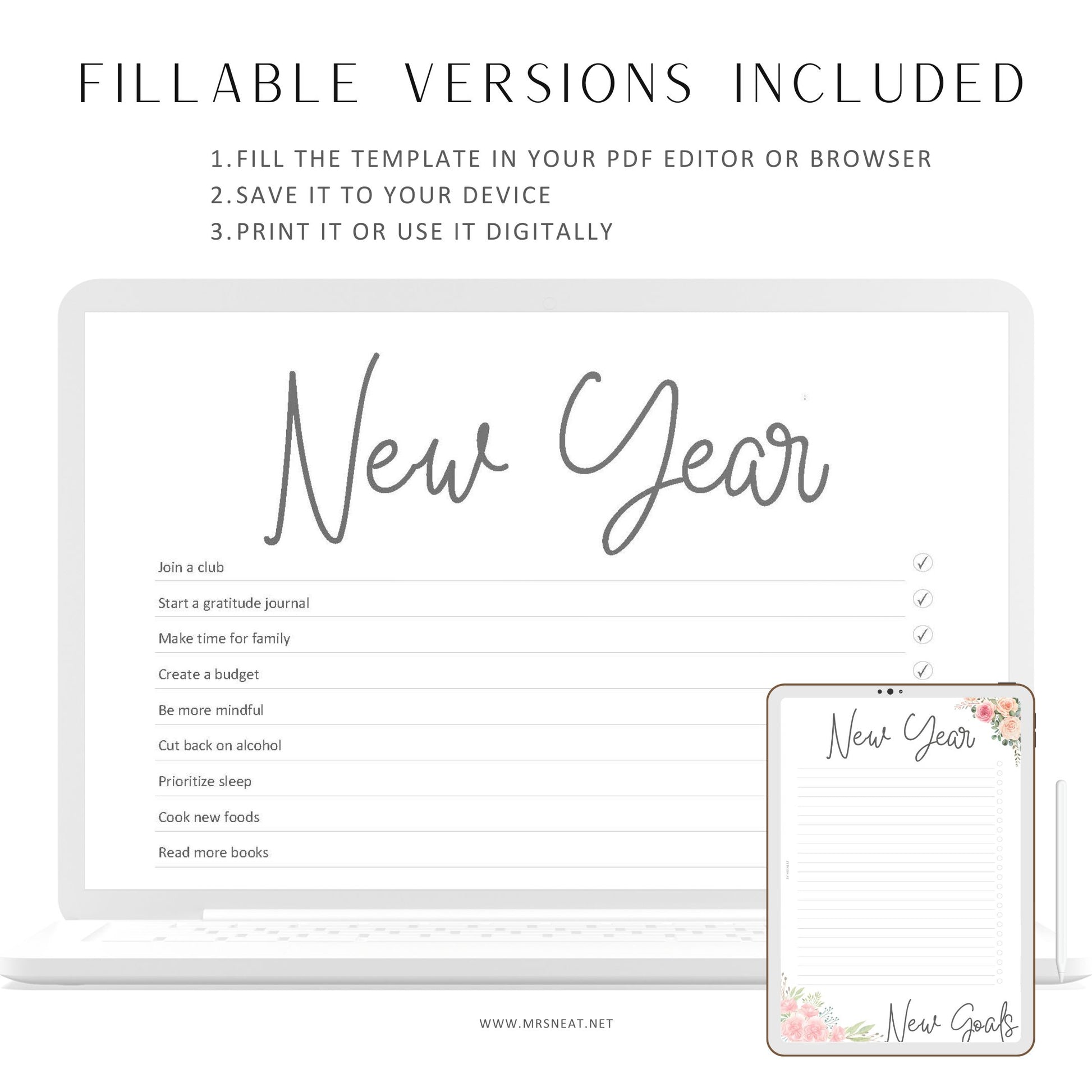 New Year New Goals Planner, 2 Styles, Floral and Neutral Planner, A4, A5, Letter, Half Letter, PDF Fillable, Digital Planner, Printable Planner