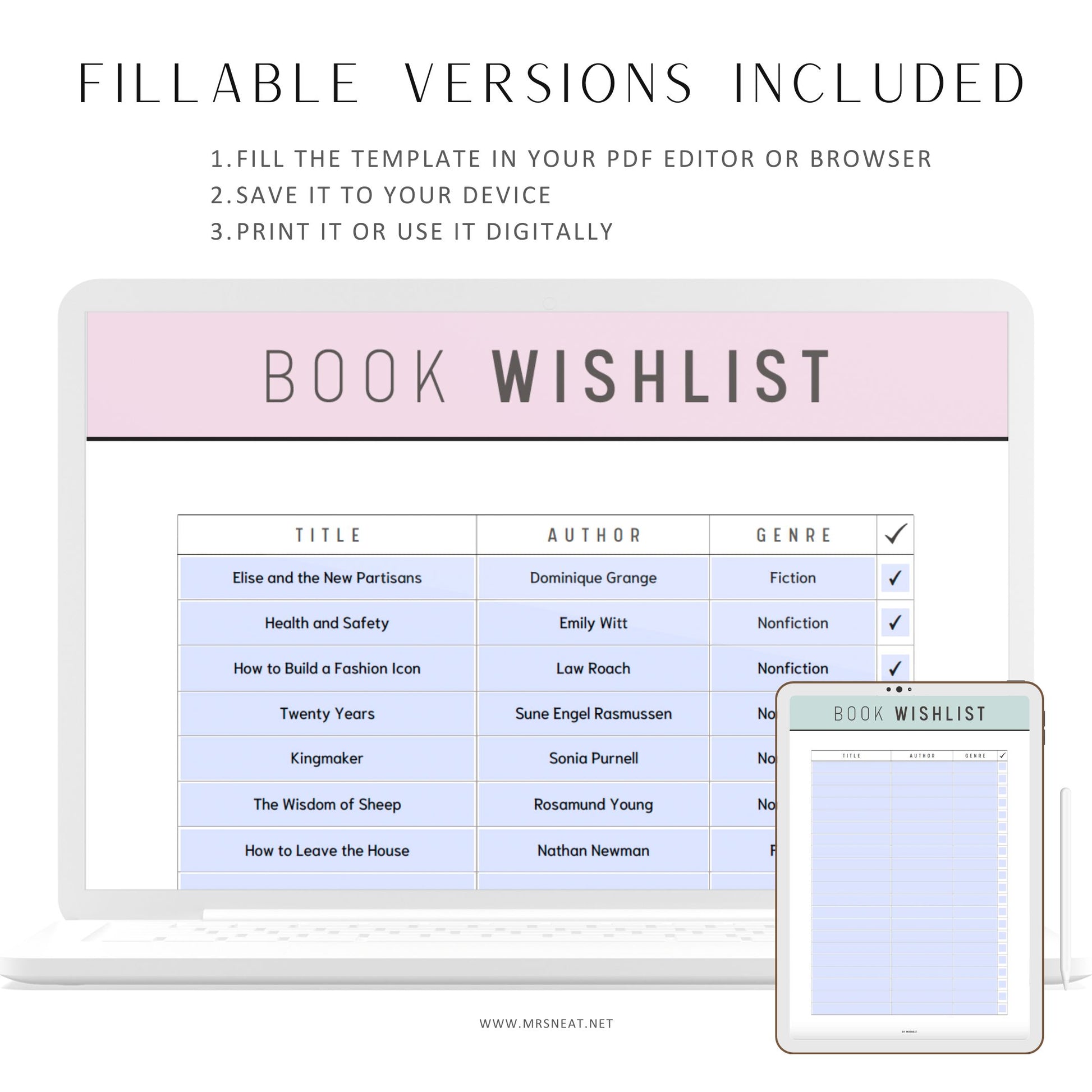 Book Wish List Printable, Reading Wish List Template, Pdf, A4, A5, Letter, Half Letter, Fillable Book Wish List, 5 colors