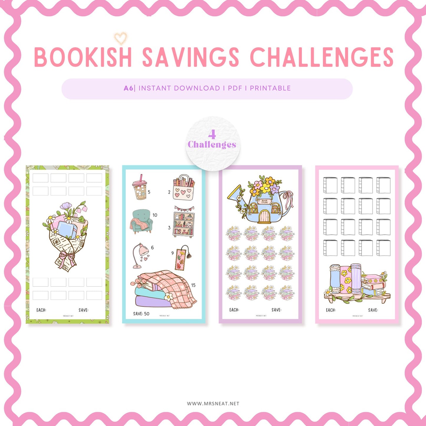 Bookish Savings Challenge, A6, Printable, Colorful, Cute, 4 Challenges, Books Lovers, Book Club, Budget Tracker, Savings Tracker, Cash Stuffing, Tiny Mini Savings Challenge, Kawaii Savings Challenge, Low Income Savings Challenge, Low income budget tracker, Printable, Digital Download