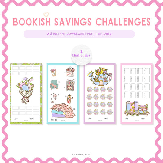Bookish Savings Challenge, A6, 4 Challenges, 4 Versions, Colorful and cute