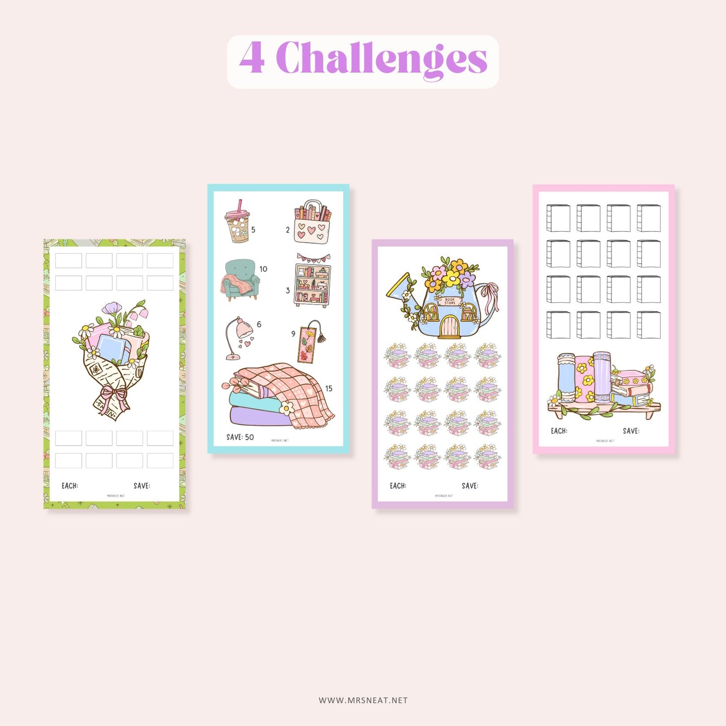 4 challenges Kawaii Bookish Savings Challenge for Book Lovers Low Income Budget Tracker A6 size Digital Download