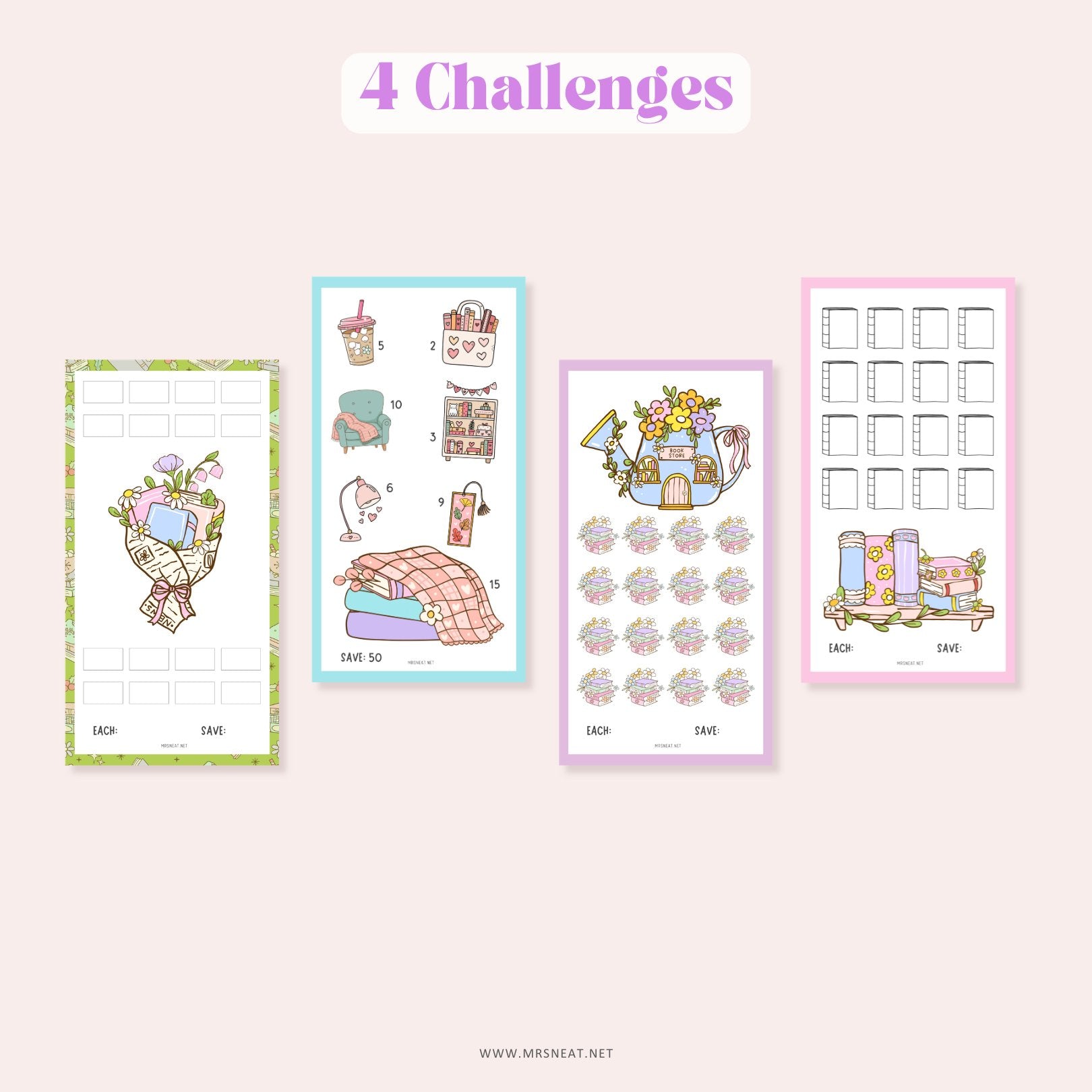 4 challenges Kawaii Bookish Savings Challenge for Book Lovers Low Income Budget Tracker A6 size Digital Download