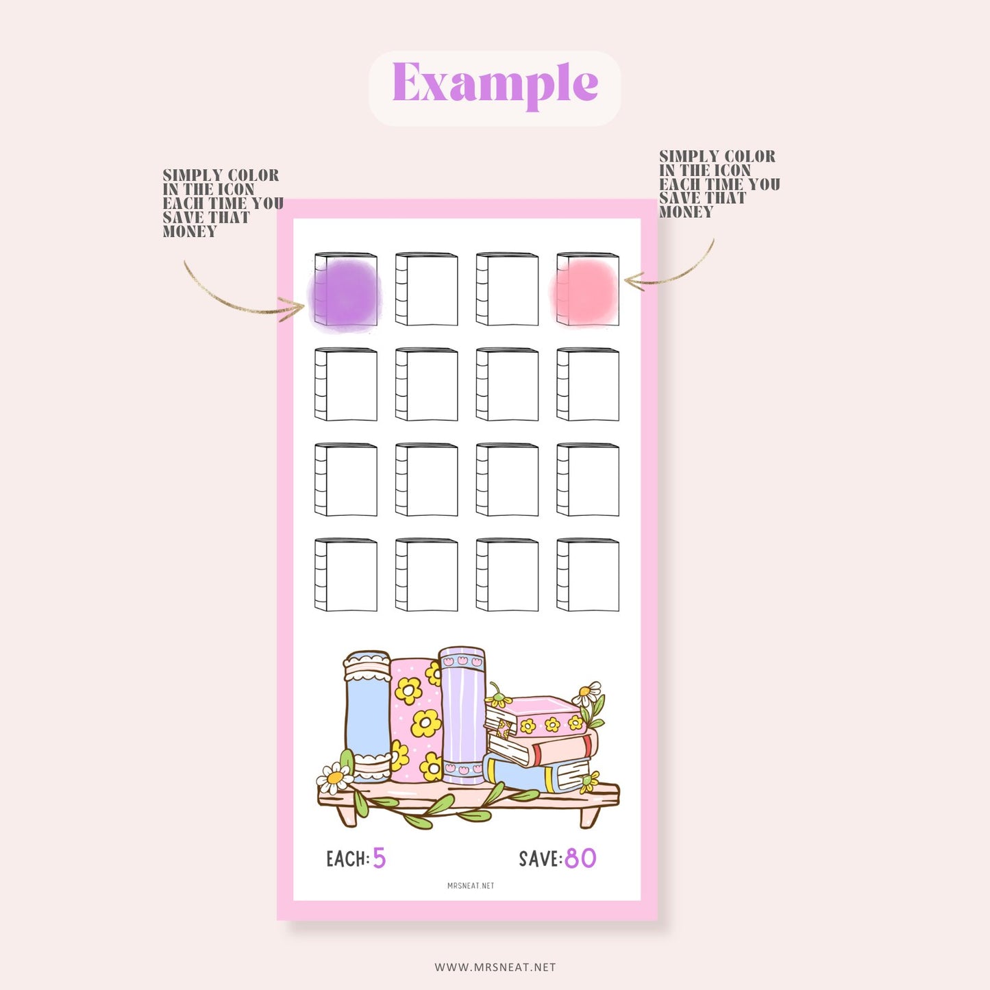Cute Pink Bookish Savings Challenge Printable for Cash Stuffing Book Lovers A6 Binder