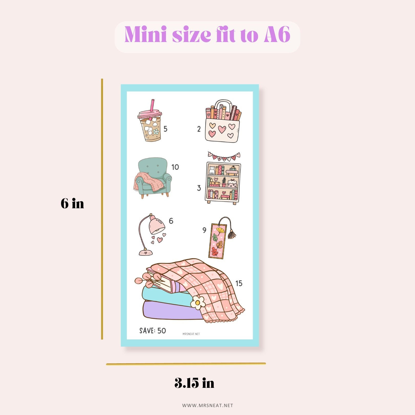 Electric Blue Kawaii Bookish Savings Challenge for Low Income Savings Tracker A6 size Instant Download