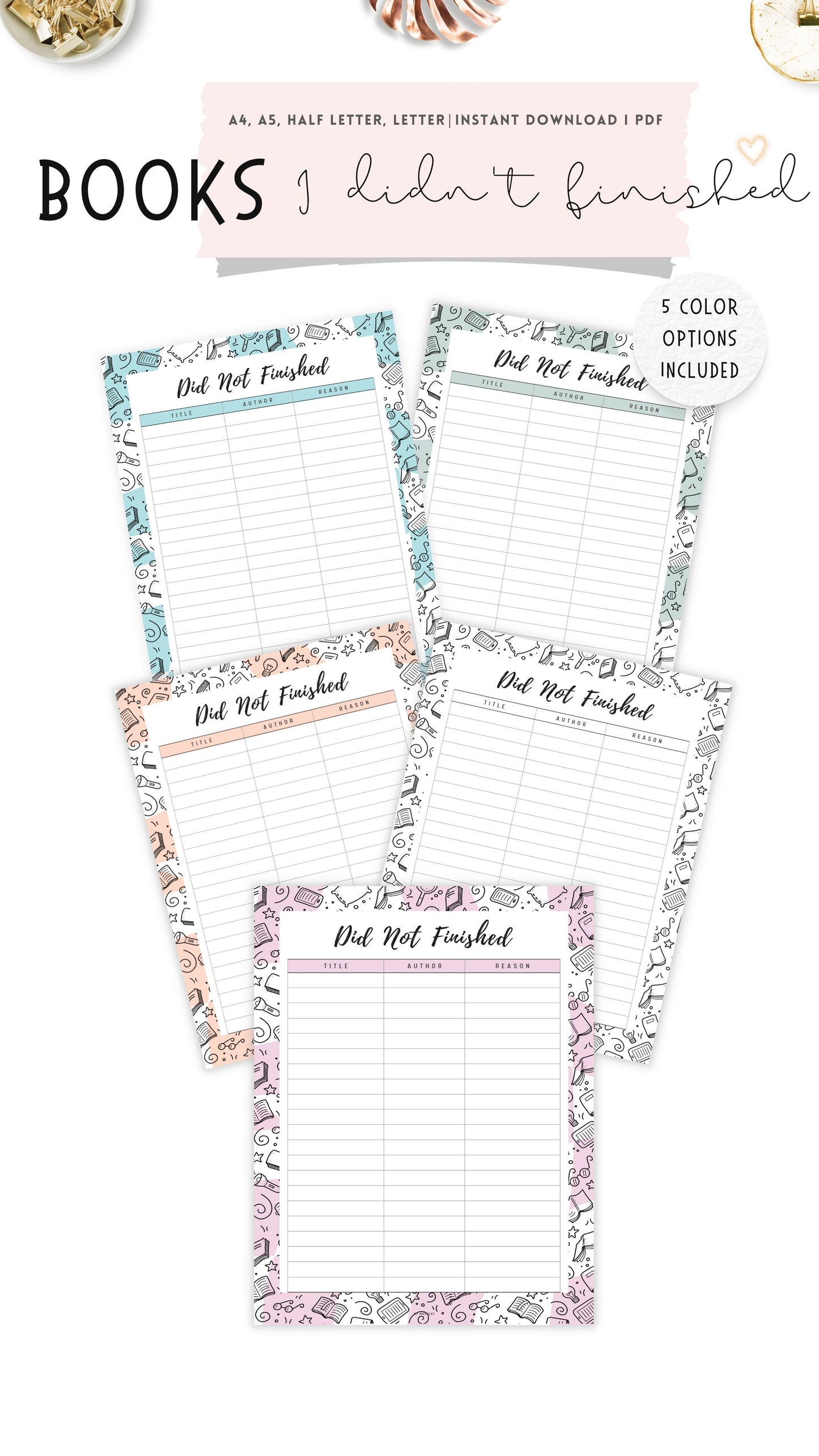 Books I Did Not Finished Template Printable, 5 colors : Blue, Neutral, Green, Pink, Peach, 4 sizes : A4, A5, Letter, Half Letter, Digital Planner