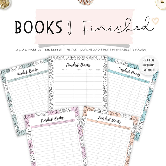 Books I Finished Template Printable, 5 colors ; Peach, Pink, Blue, Green, Neutral, 4 sizes ; A4, A5, Letter, Half Letter, Digital Planner