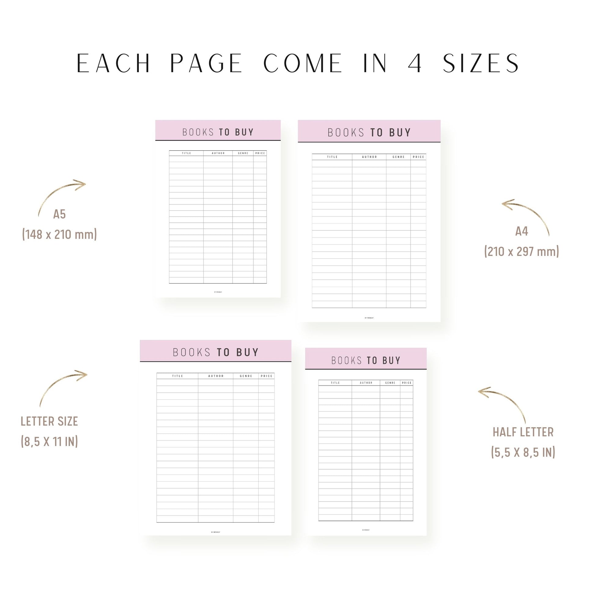 A4, A5, Letter, Half letter Books To Buy Template Printable