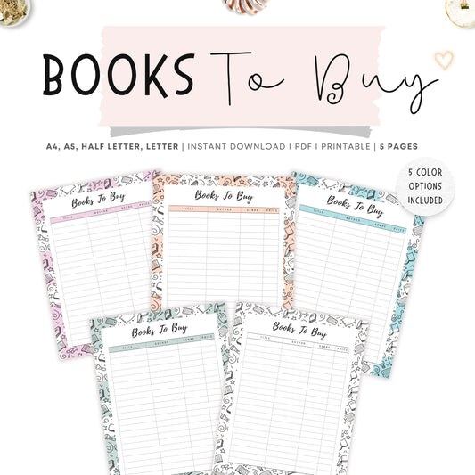 Books To Buy Template Printable, Pink, Peach, Blue, Green, Neutral, A4, A5, Letter, Half Letter, Digital Planner