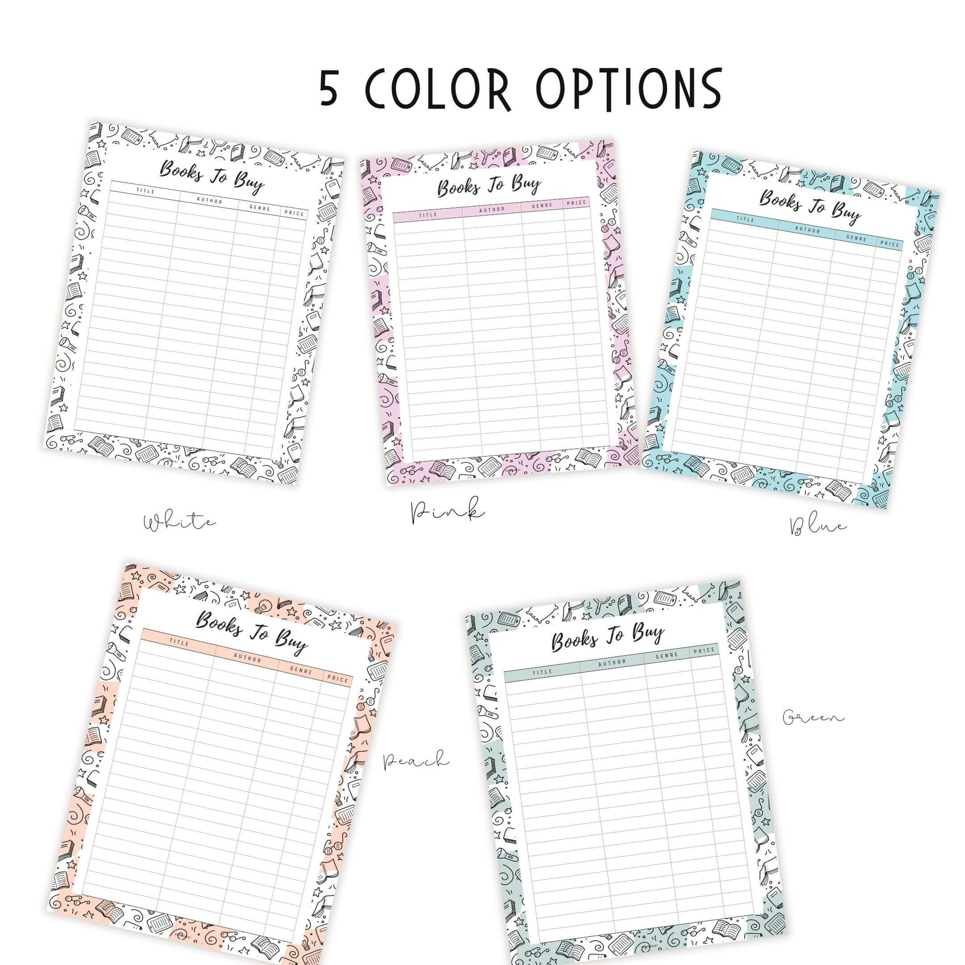 Books To Buy Template Printable, Pink, Peach, Blue, Green, Neutral, A4, A5, Letter, Half Letter, Digital Planner
