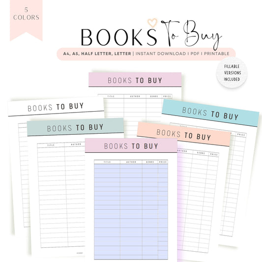 Books To Buy Template Printable Planner, Digital Book Planner, Fillable Book Planner, Printable Book Planner Inserts, A4, A5, Letter, Half Letter, 5 color options, Beautiful and Colorful Page