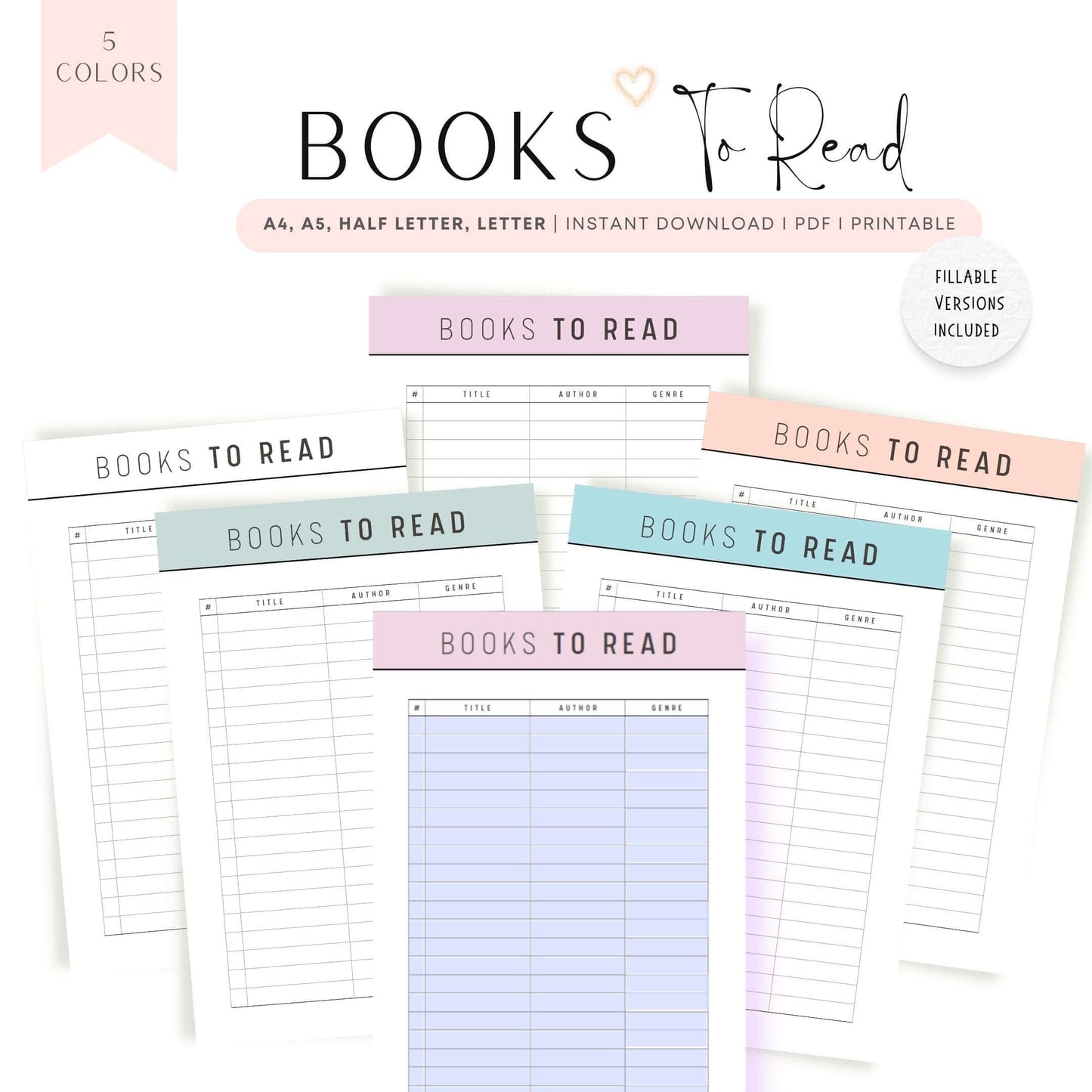 Books to Read List Template Printable, A4, A5, Letter, Half Letter, Digital Book Planner, Fillable Book Planner, 5 colors, beautiful and colorful planner