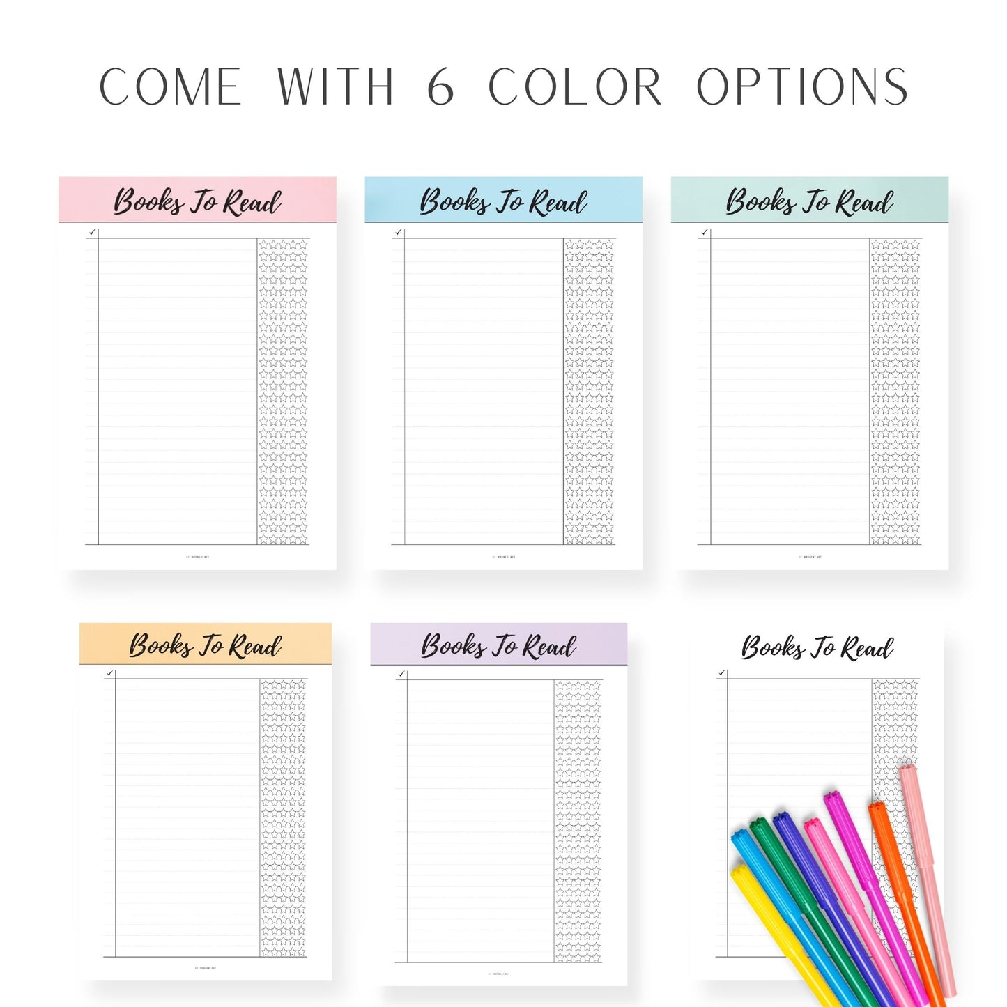 6 colors Books To Read List Template Printable