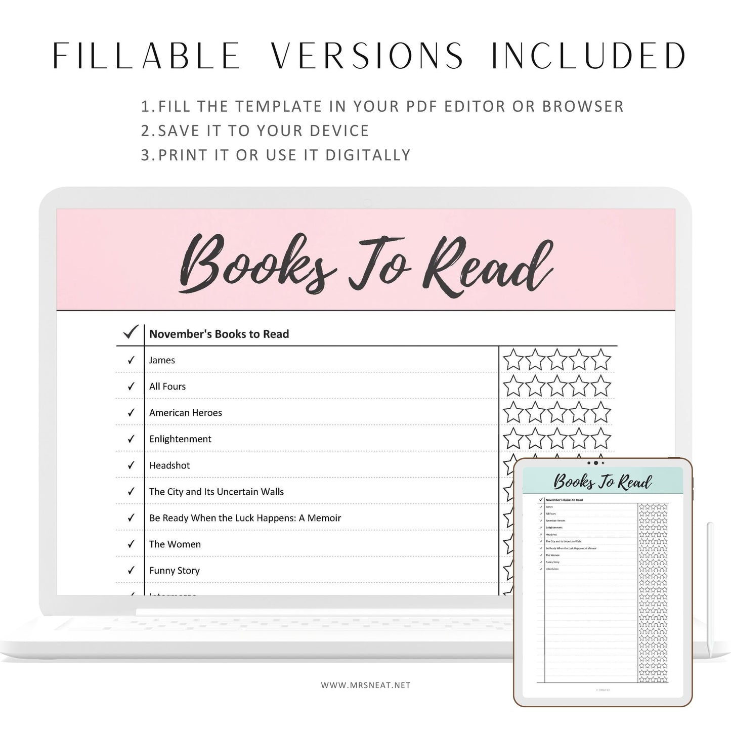 Fillable Books To Read List Printable, Reading Journal, Book Tracker Log, List of Books To Read, PDF, 6 Colors, A4, A5, Letter, Half Letter