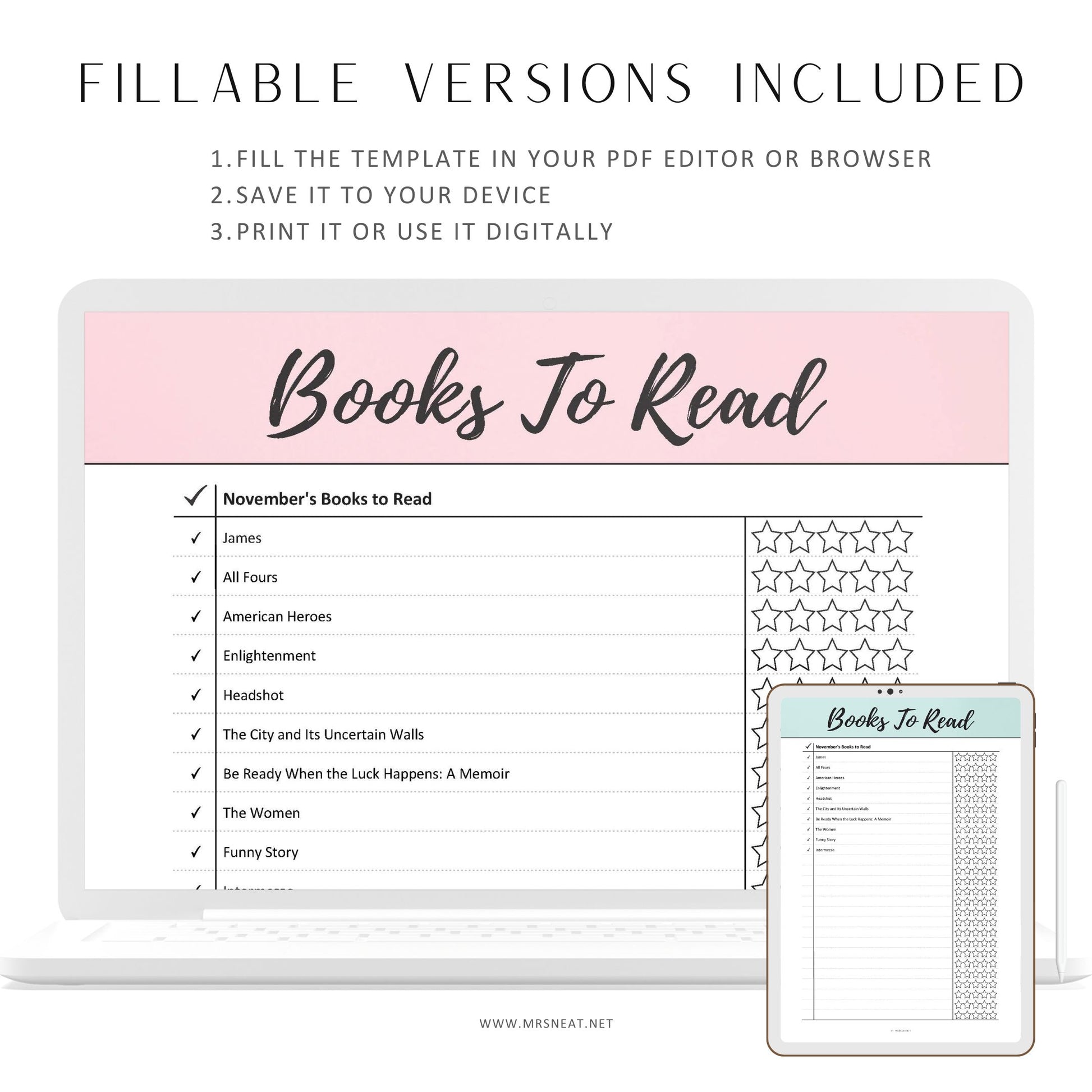 Fillable Books To Read List Printable, Reading Journal, Book Tracker Log, List of Books To Read, PDF, 6 Colors, A4, A5, Letter, Half Letter