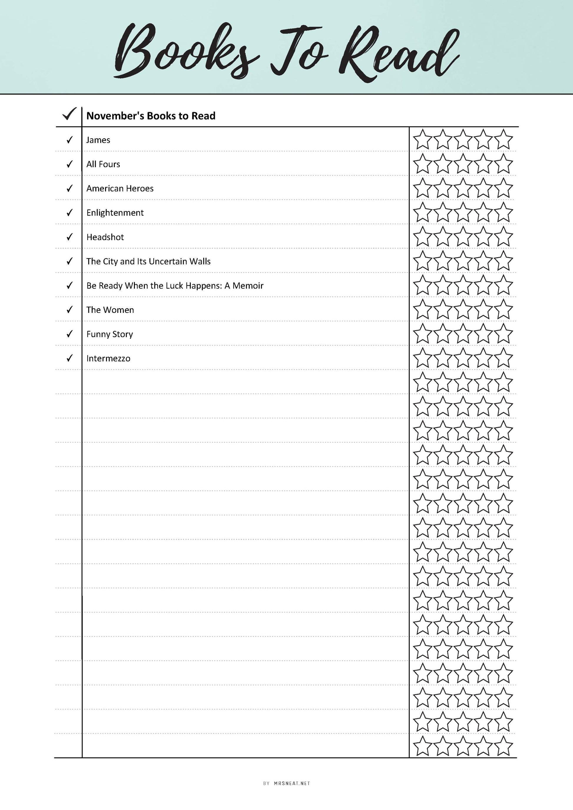 Fillable Books To Read List Printable, Reading Journal, Book Tracker Log, List of Books To Read, PDF, 6 Colors, A4, A5, Letter, Half Letter