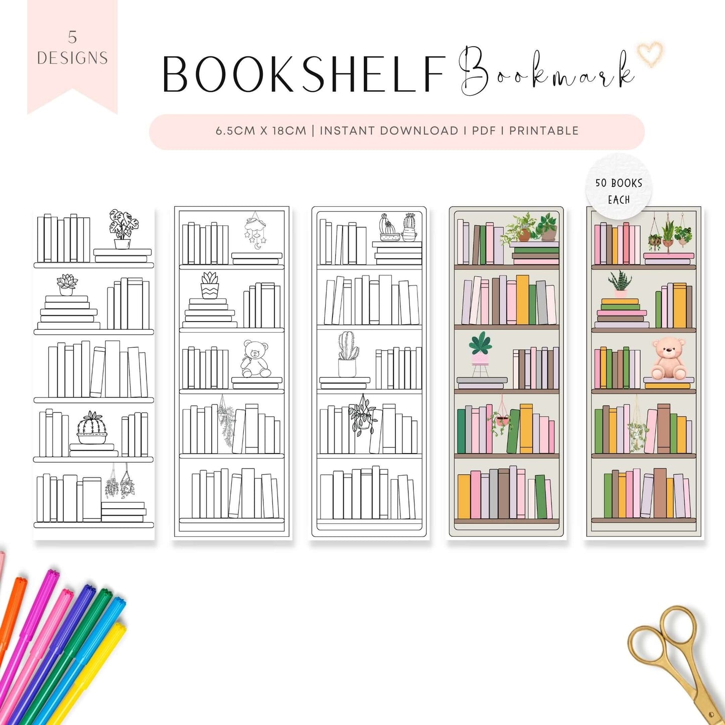 Printable Bookshelf Bookmark 5 Designs, Colors and Neutral Theme, 50 Books Each