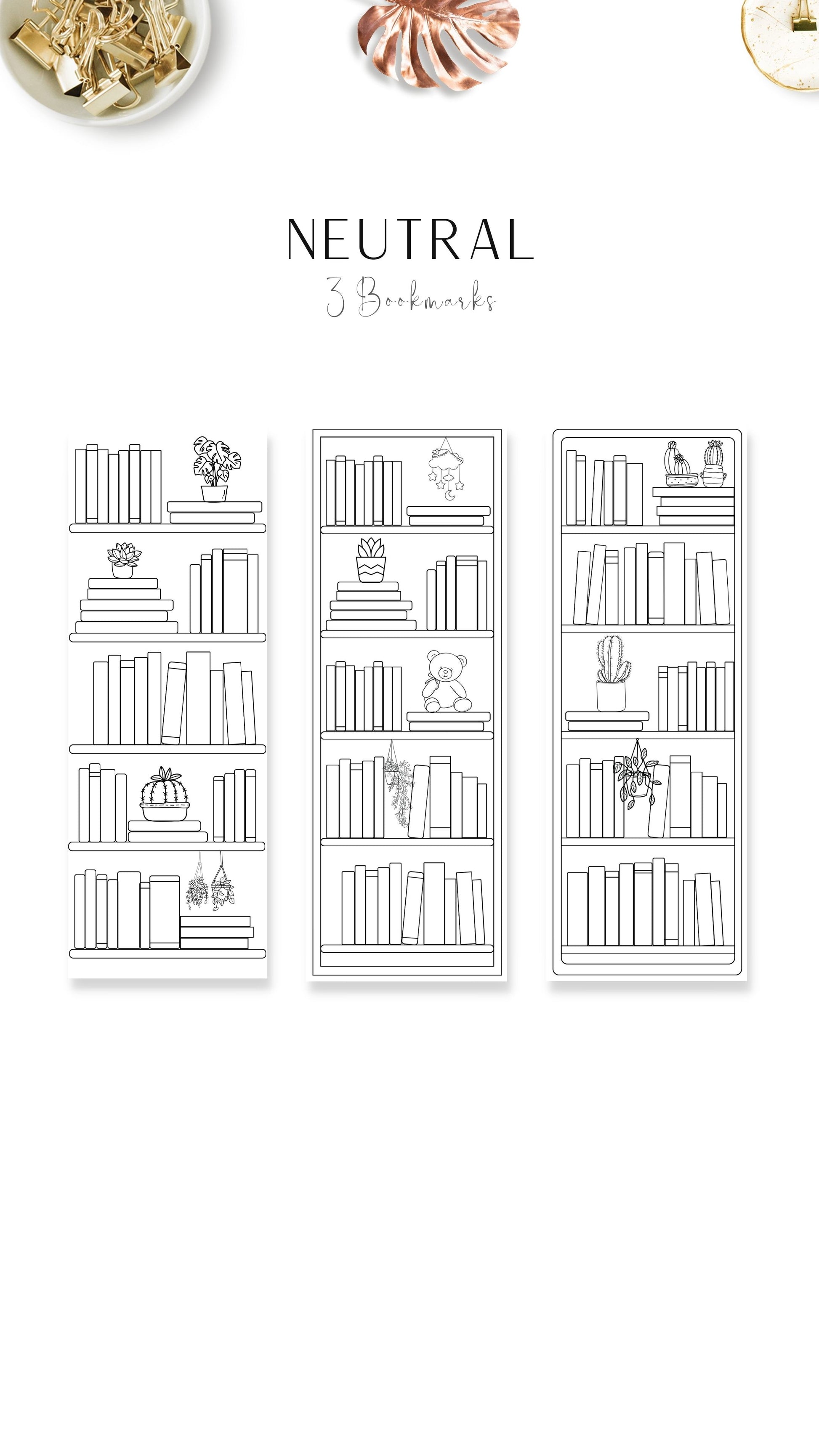 Printable Bookshelf Bookmark 5 Designs, Colors and Neutral Theme, 50 Books Each