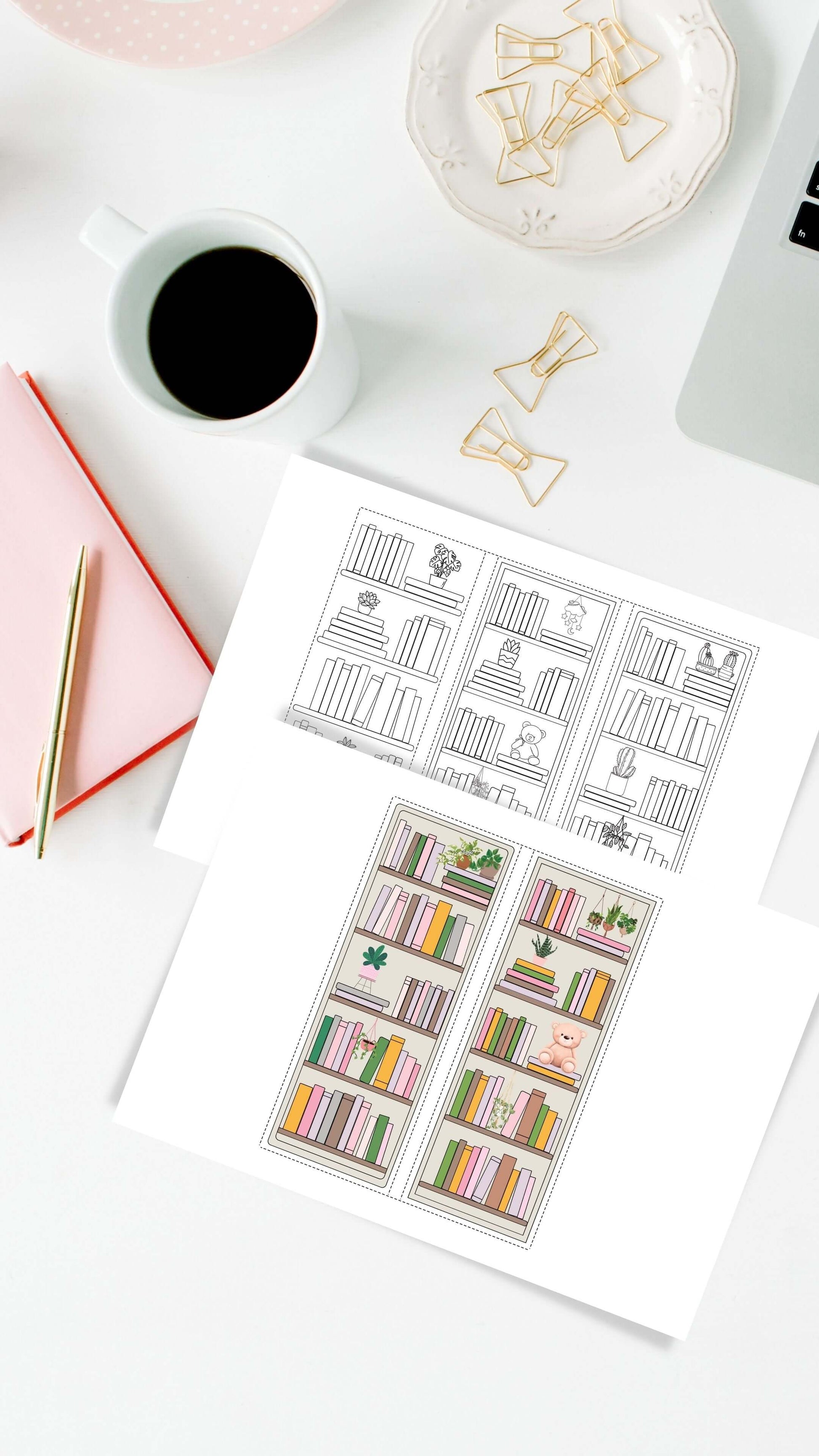 Printable Bookshelf Bookmark 5 Designs, Colors and Neutral Theme, 50 Books Each