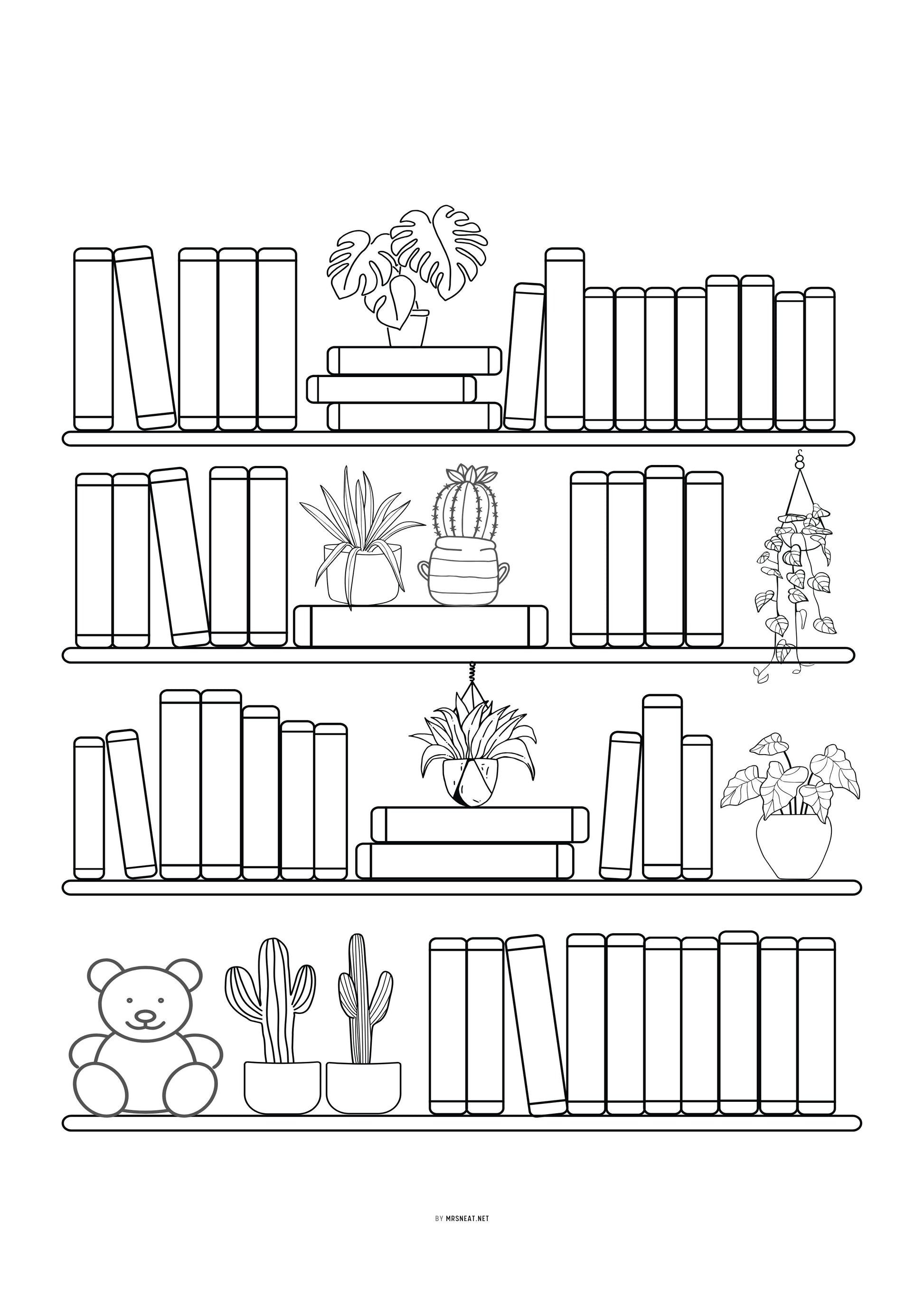 Black and white illustration of a bookshelf with books and plants on a white background