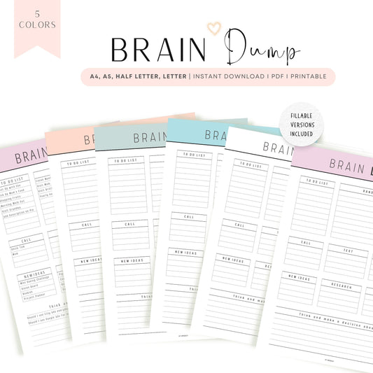 Brain Dump Printable Template, Digital Brain Dump Planner, Fillable Brain Dump PDF, Brain Dump Printable Inserts, A4, A5, Letter, Half Letter, 5 color options, Beautiful and Colorful Brain Dump Page