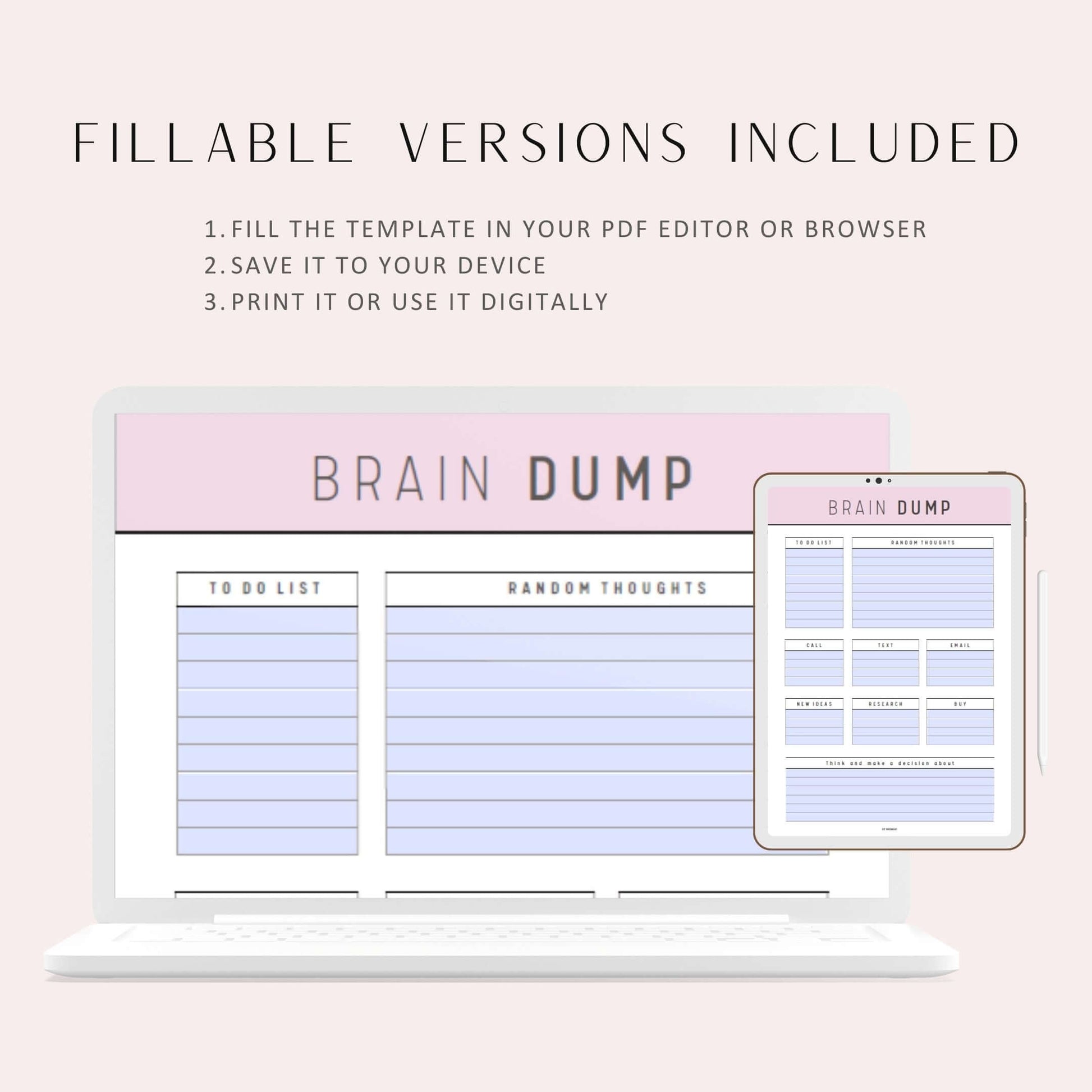 Brain Dump Printable Template, Digital Brain Dump Planner, Fillable Brain Dump PDF, Brain Dump Printable Inserts, A4, A5, Letter, Half Letter, 5 color options, Beautiful and Colorful Brain Dump Page