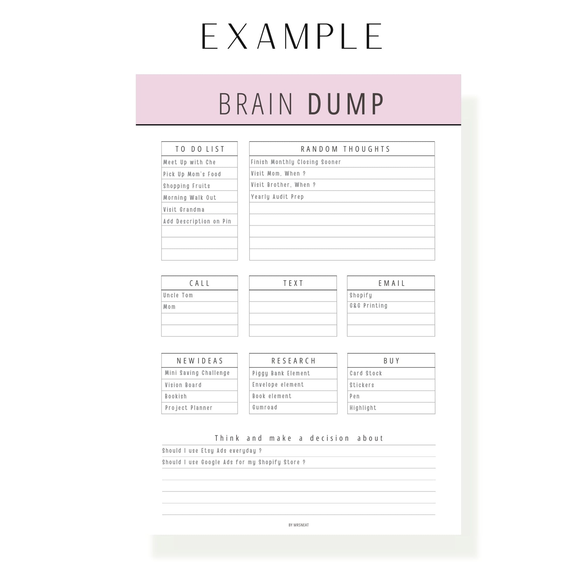 Purple Brain Dump Planner Printable