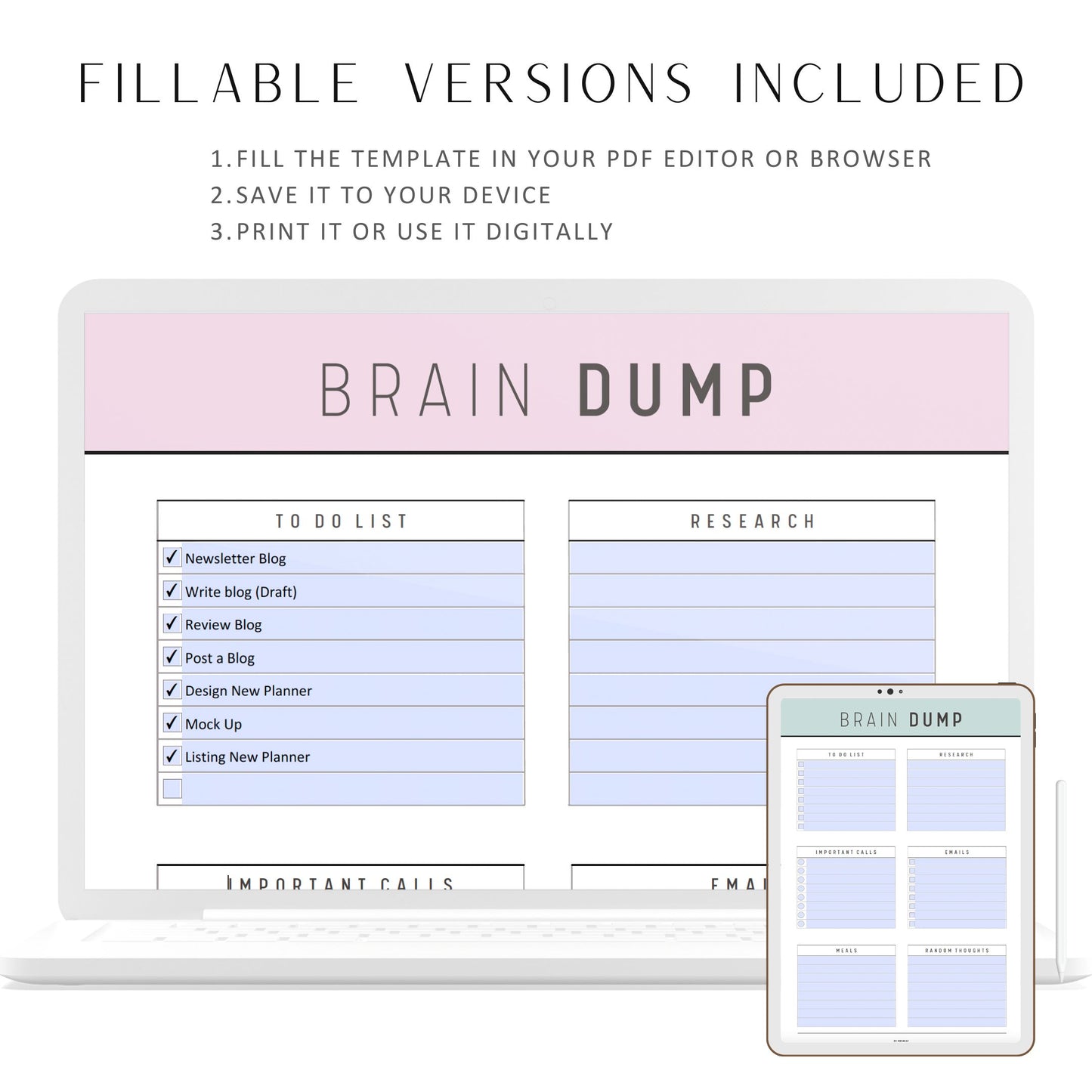 Fillable Brain Dump Printable, Brain Dump Journal, Brain Dump Planner, Thought Organizer, Thought Dump, A4, A5, Letter, Half Letter, 5 Color