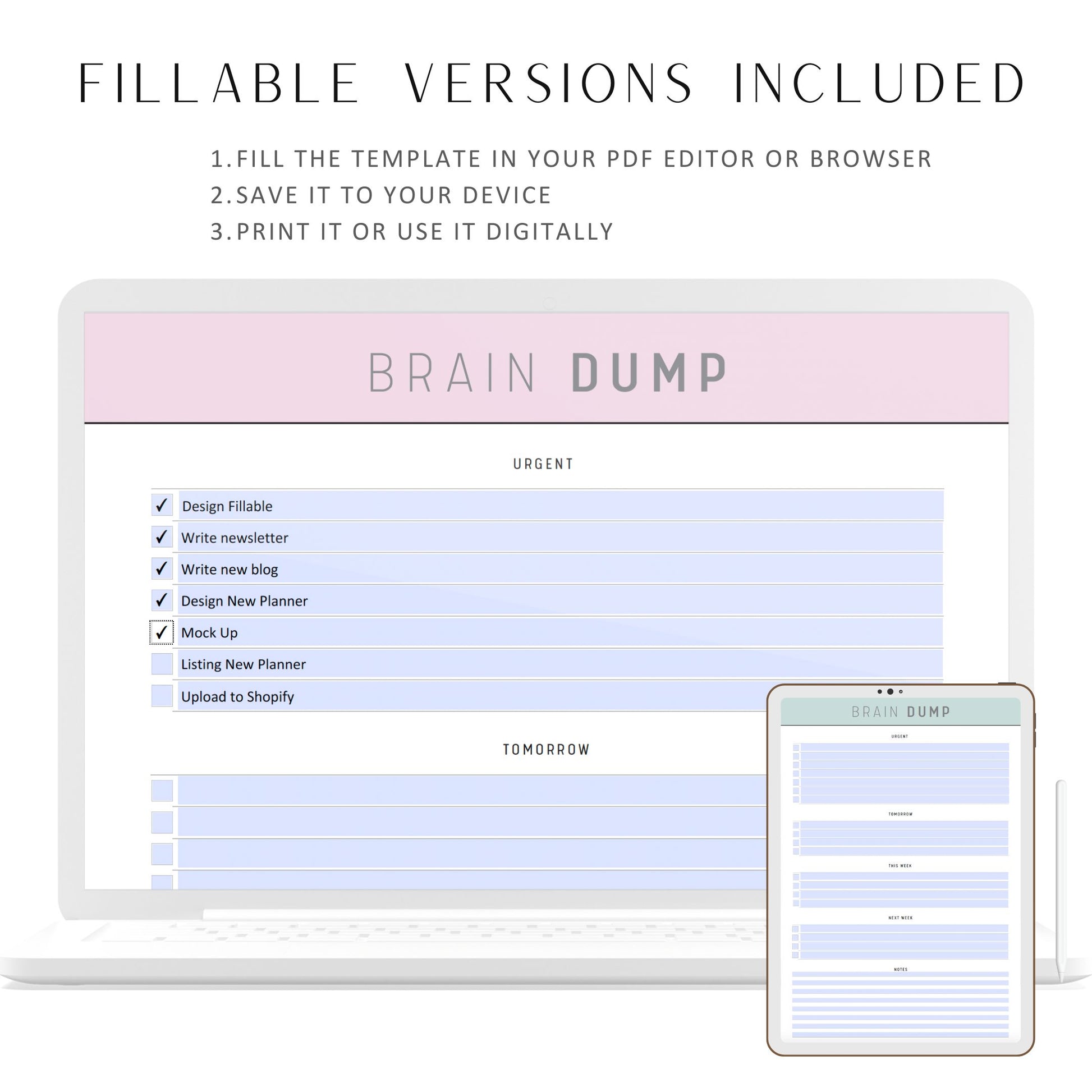 Brain Dump Template PDF, Digital Planner, PDF Fillable, 5 Colors