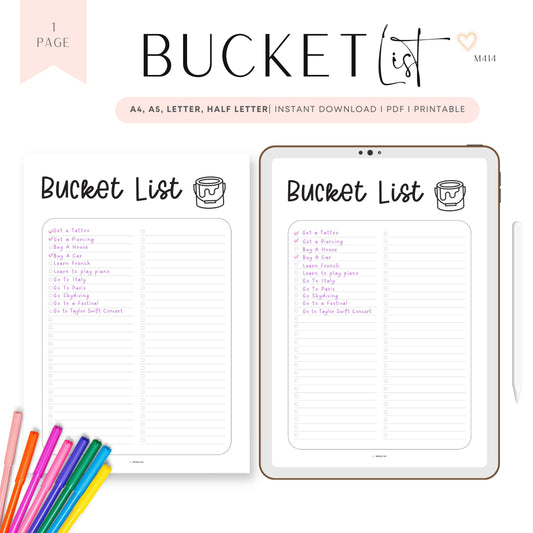 Bucket List Template Printable, Life Goals List, Goal Tracker, Travel List, To Do List Template, Dream List Printable, Things To Do List PDF, A4, A5, Letter, Half Letter, Digital Planner