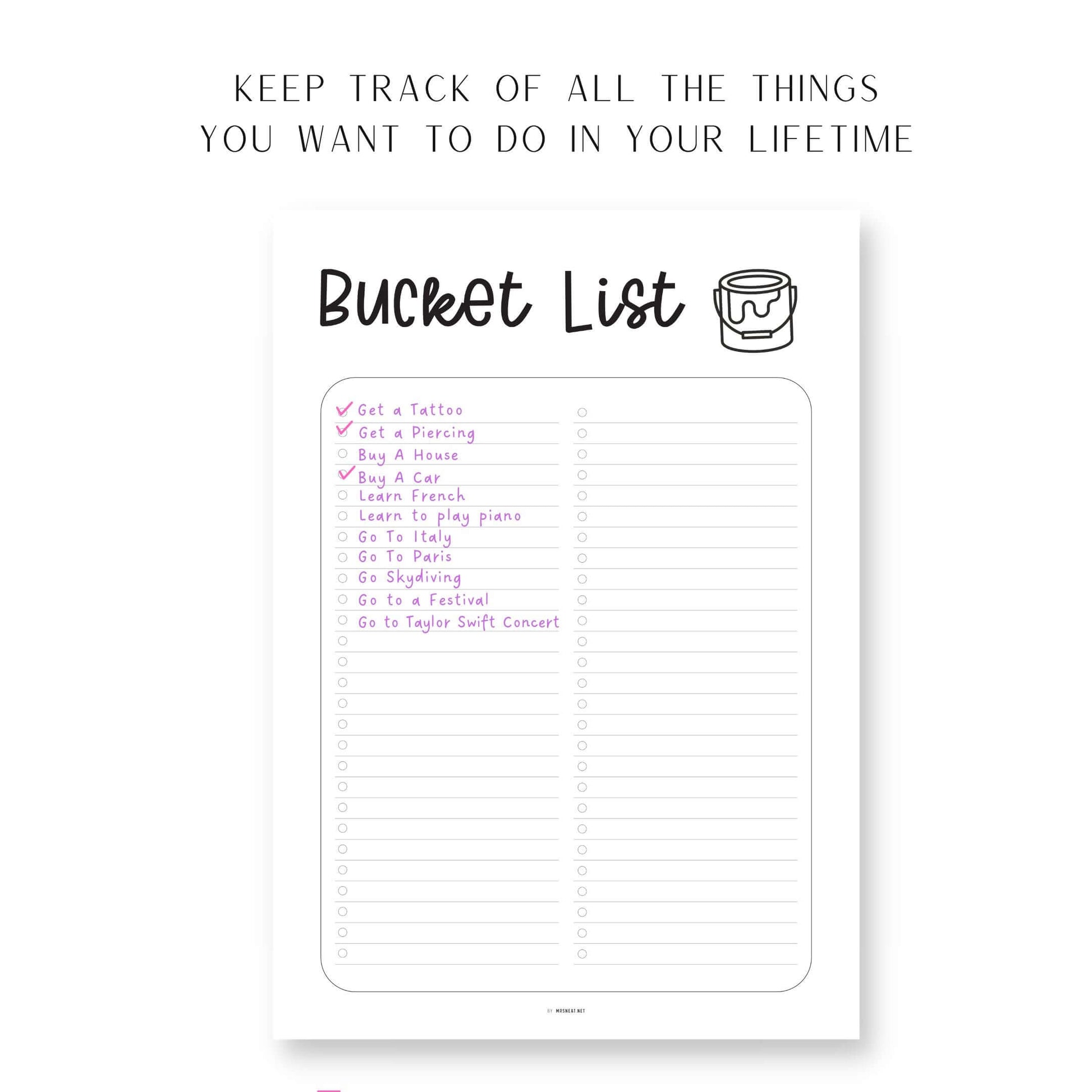 Bucket List Template Printable, Life Goals List, Goal Tracker, Travel List, To Do List Template, Dream List Printable, Things To Do List PDF, A4, A5, Letter, Half Letter, Digital Planner