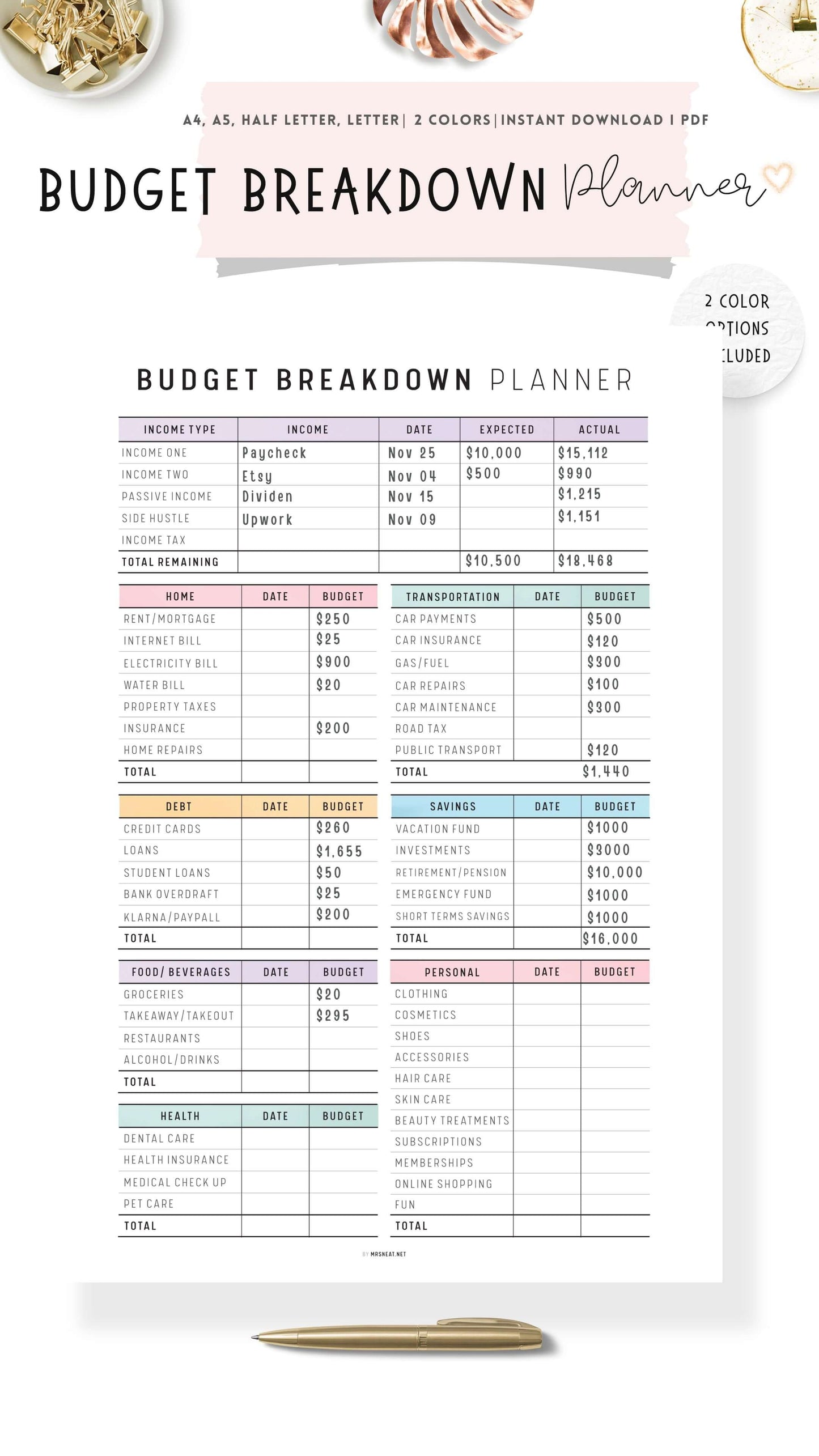 Best Monthly Budget Planner Template Printable, Budget Breakdown Template, Colorful Planner, Minimalist Planner, A4, A5, Letter, Half Letter, PDF