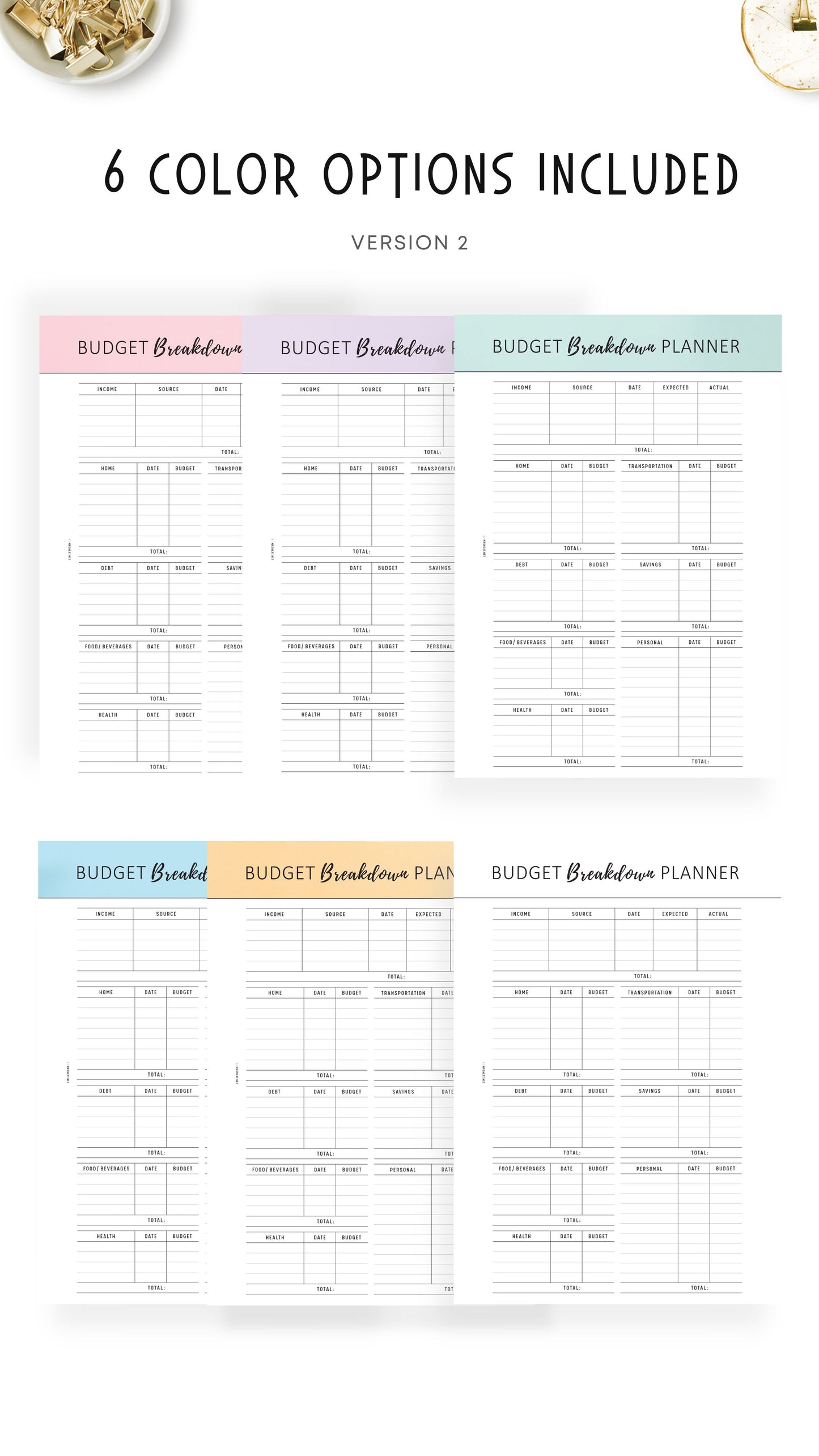 6 colors of Budget Breakdown Planner Template