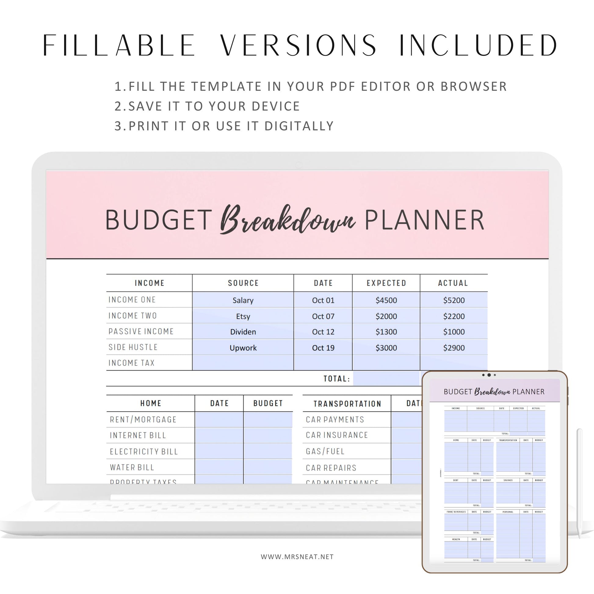 Budget Breakdown Planner Template, Fillable Budget Planner, Paycheck Budget Printable, 2 versions, 6 Colors, A4, A5, Letter, Half Letter