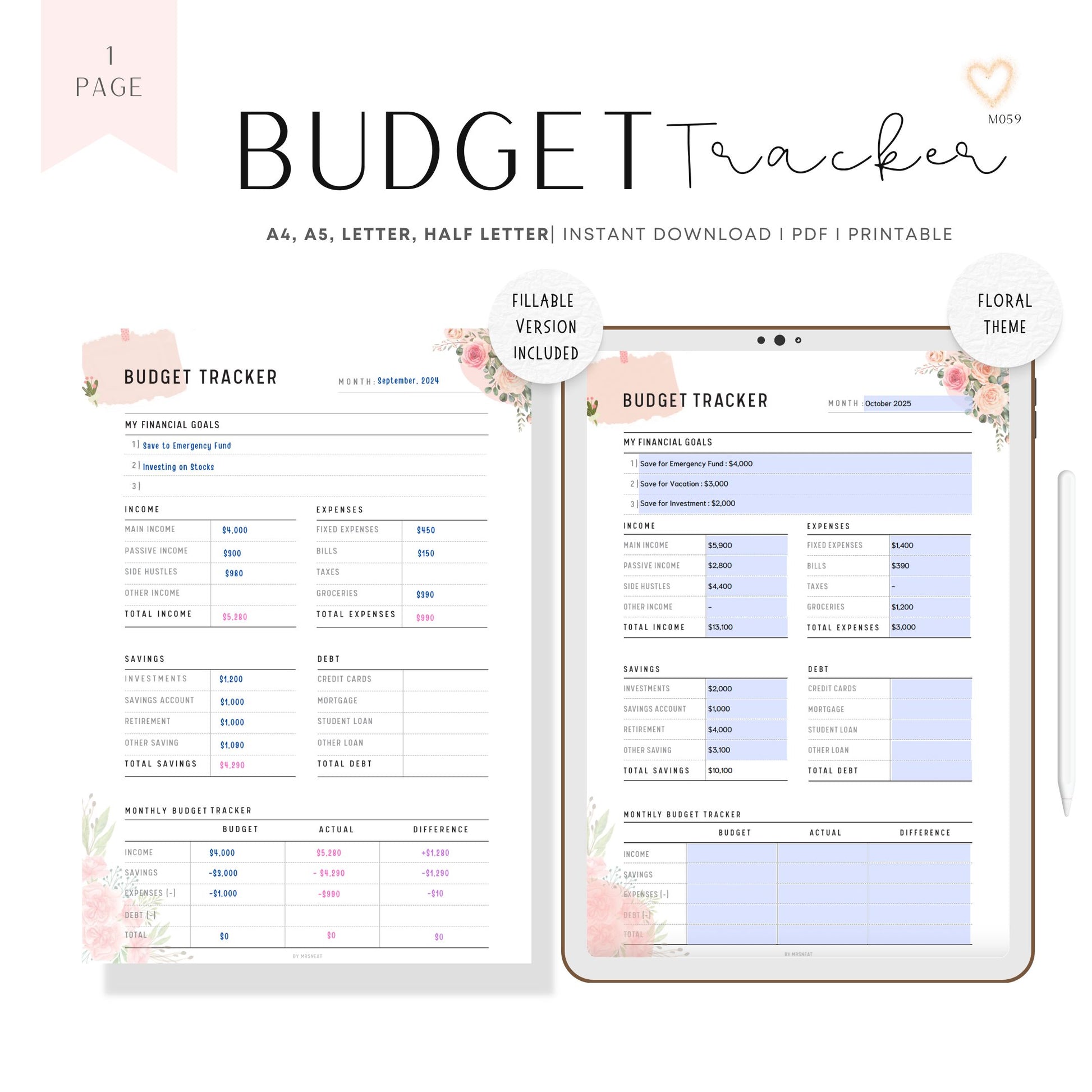 Floral Fillable Monthly Budget Tracker Printable, Monthly Financial Planner, Paycheck Budget, Bi-weekly Budget, A4, Letter, Half Letter, A5