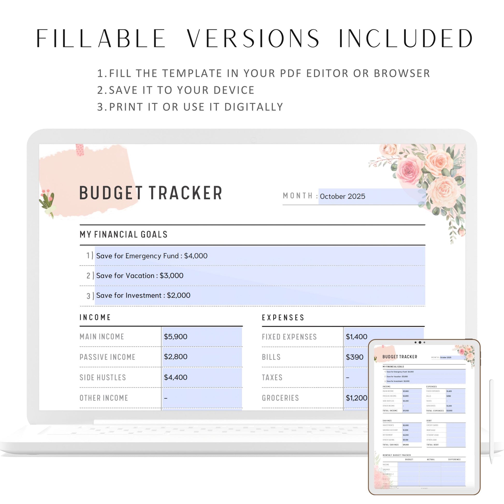 Floral Fillable Monthly Budget Tracker Printable, Monthly Financial Planner, Paycheck Budget, Bi-weekly Budget, A4, Letter, Half Letter, A5