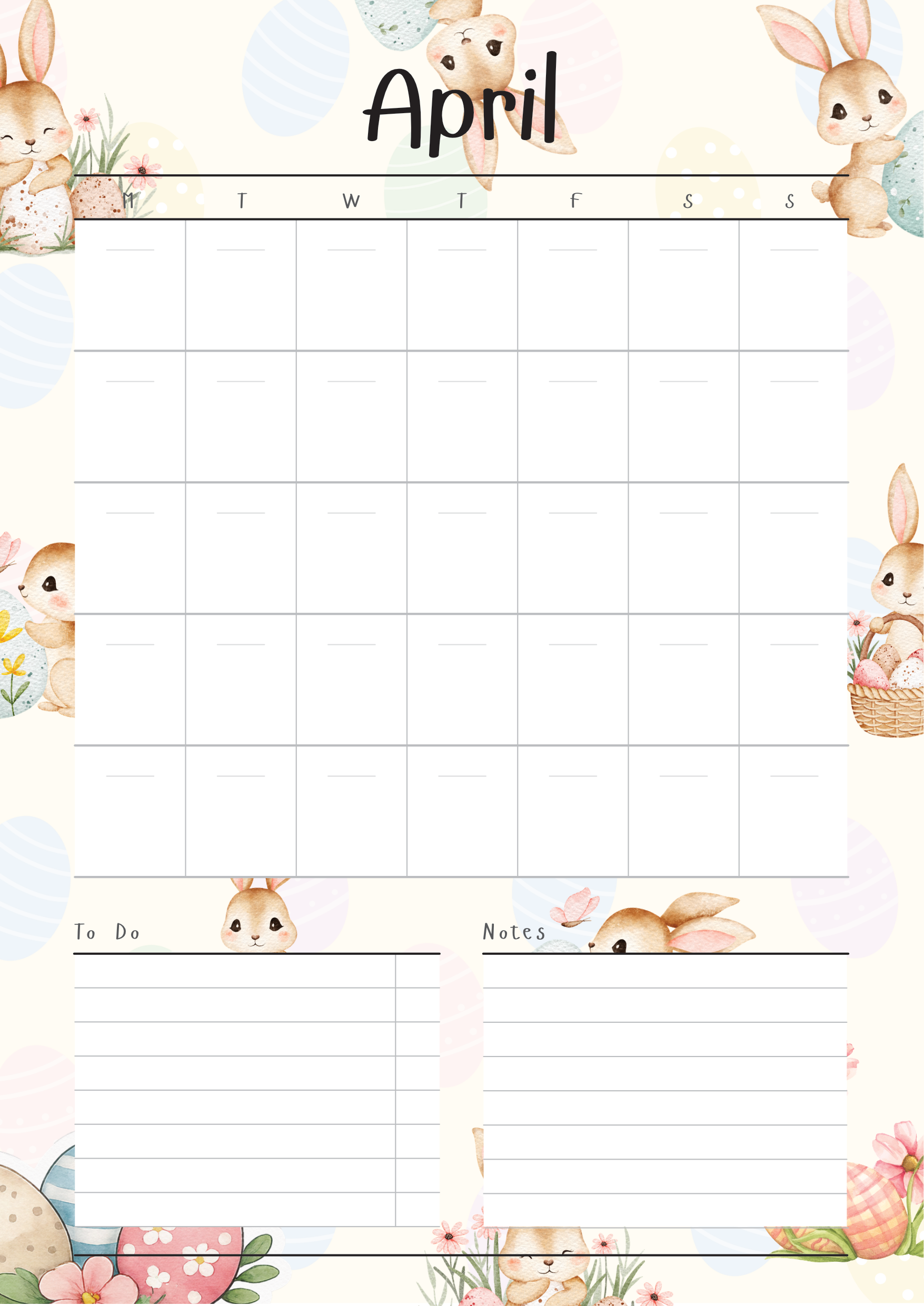 April calendar with Easter-themed design featuring bunnies and eggs.